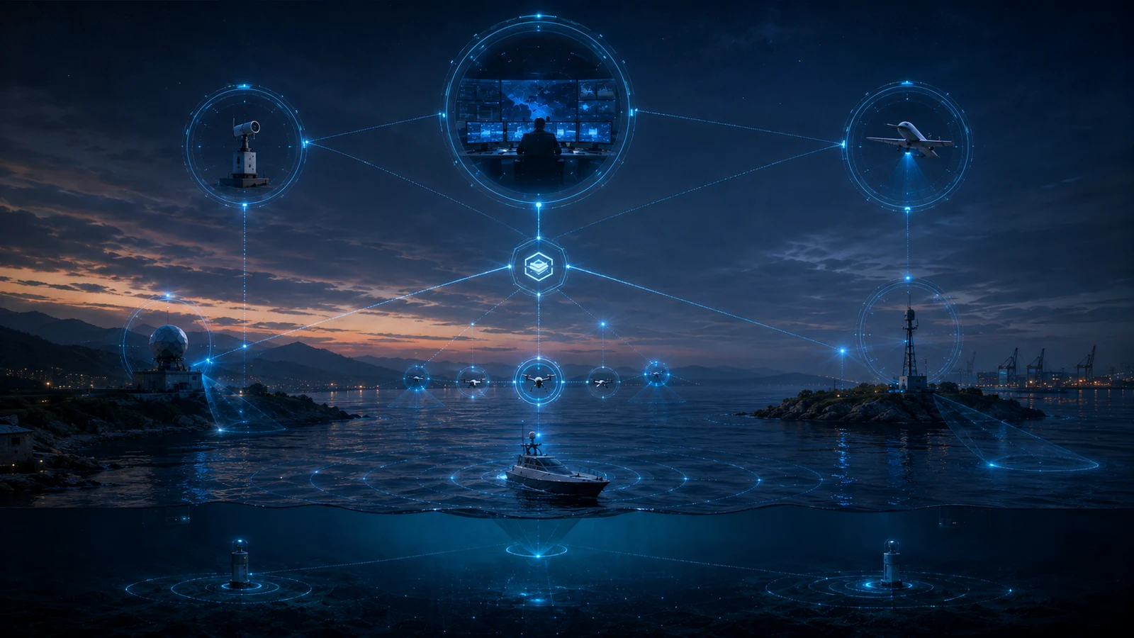Dark maritime counter-UAS awareness network with coastal sensors, patrol vessel, aerial nodes and operator command links.