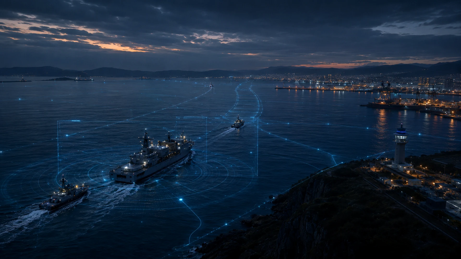 Protected vessel group moving through a monitored maritime route with escort context and port approach overlays.