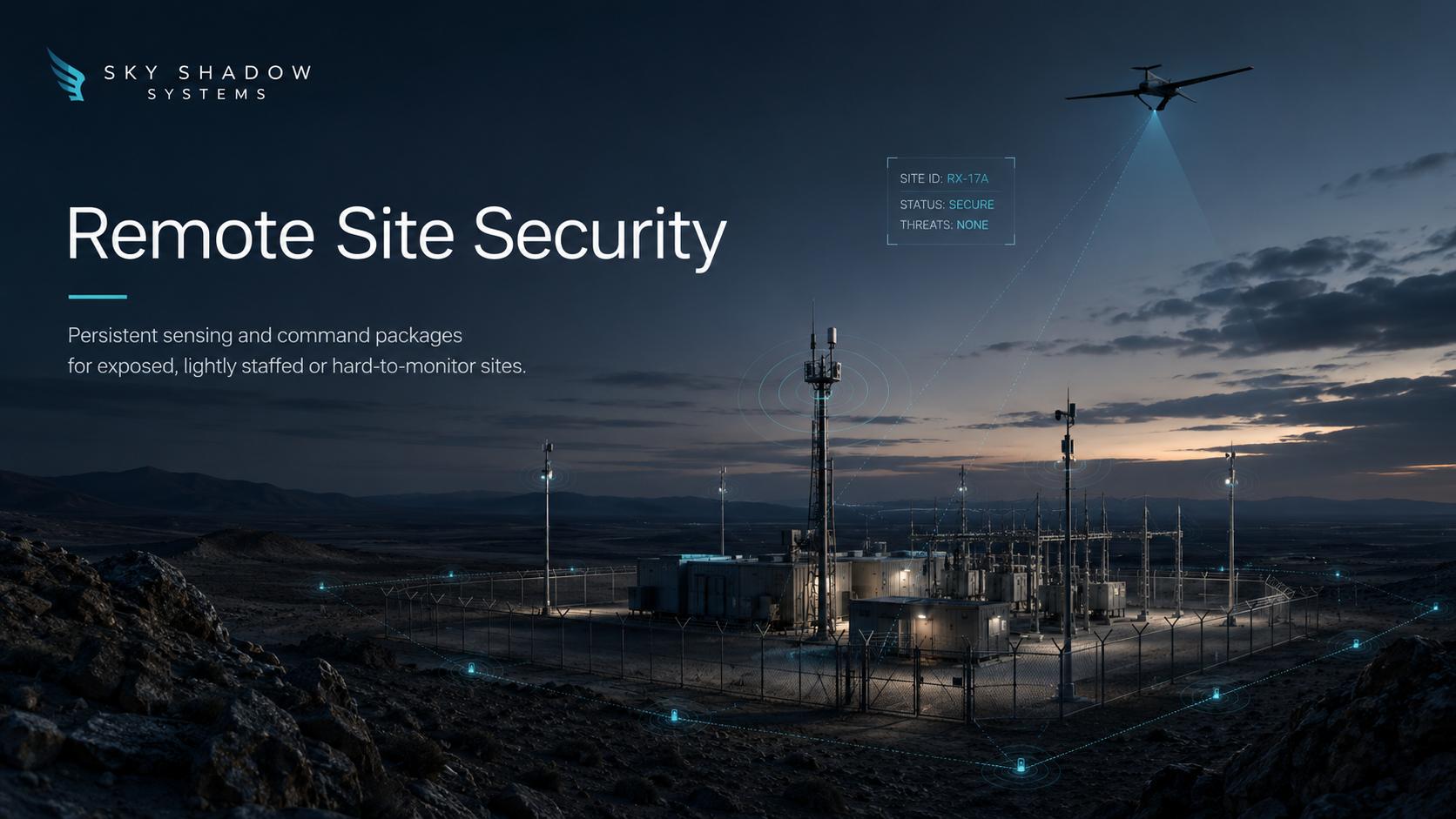 Remote site security facility at dusk with fenced perimeter, sensor masts, aerial ISR and blue awareness overlays.
