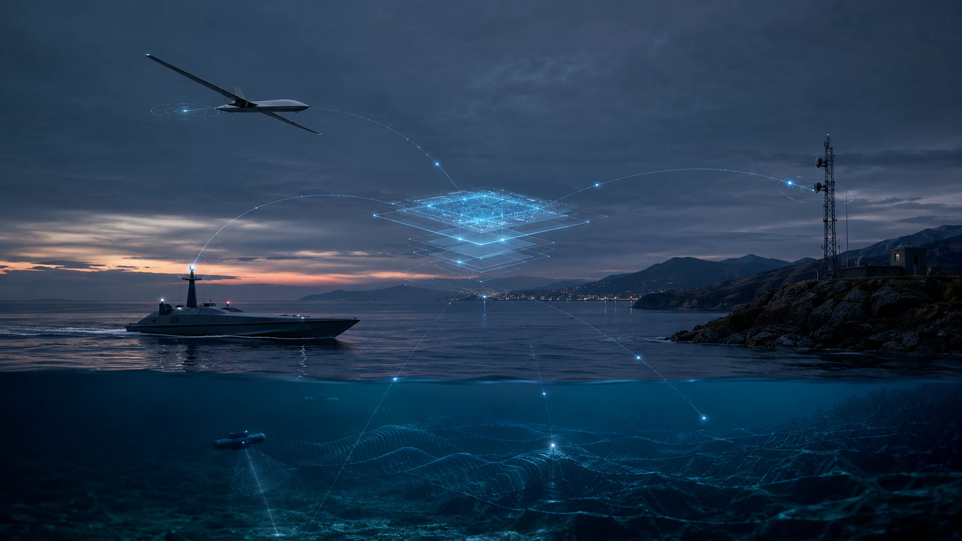 Dynamic maritime routes with vessels, port approaches and blue route-awareness overlays at dusk.