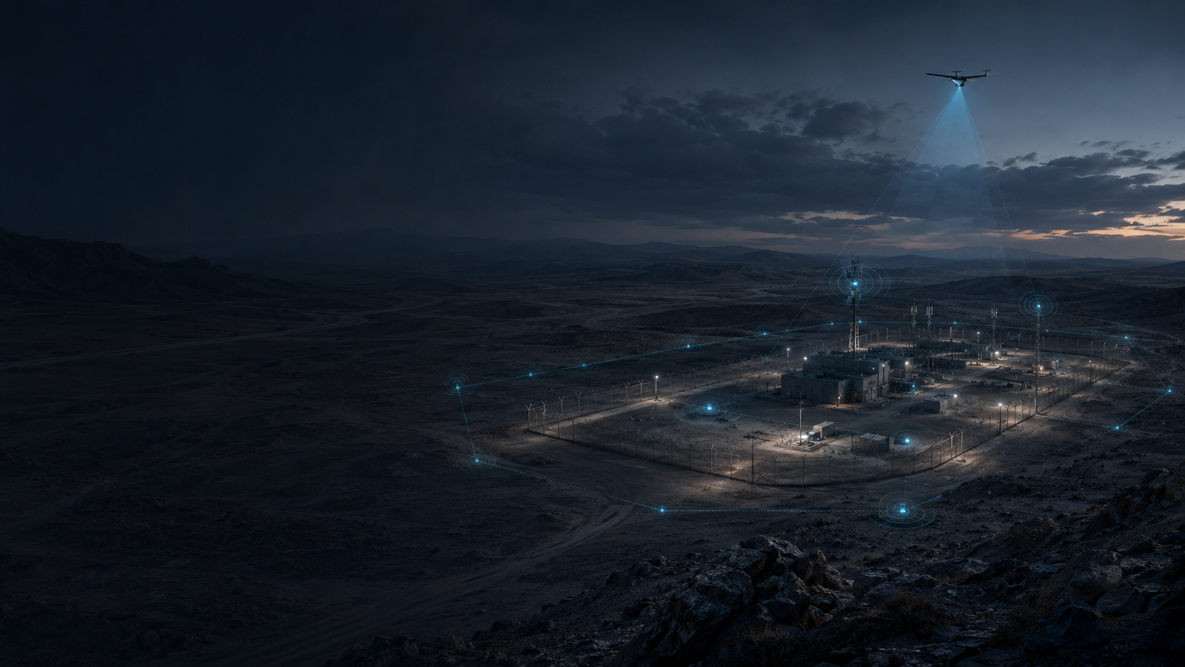 Wide remote facility overview in desert terrain with perimeter sensors, central tower and drone-based site watch.