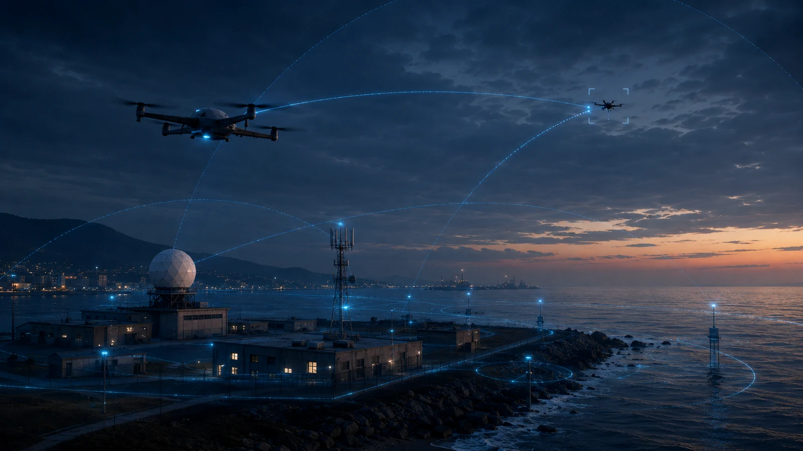 Coastal protected-site sensor mesh with UAV activity and operator-reviewed awareness.