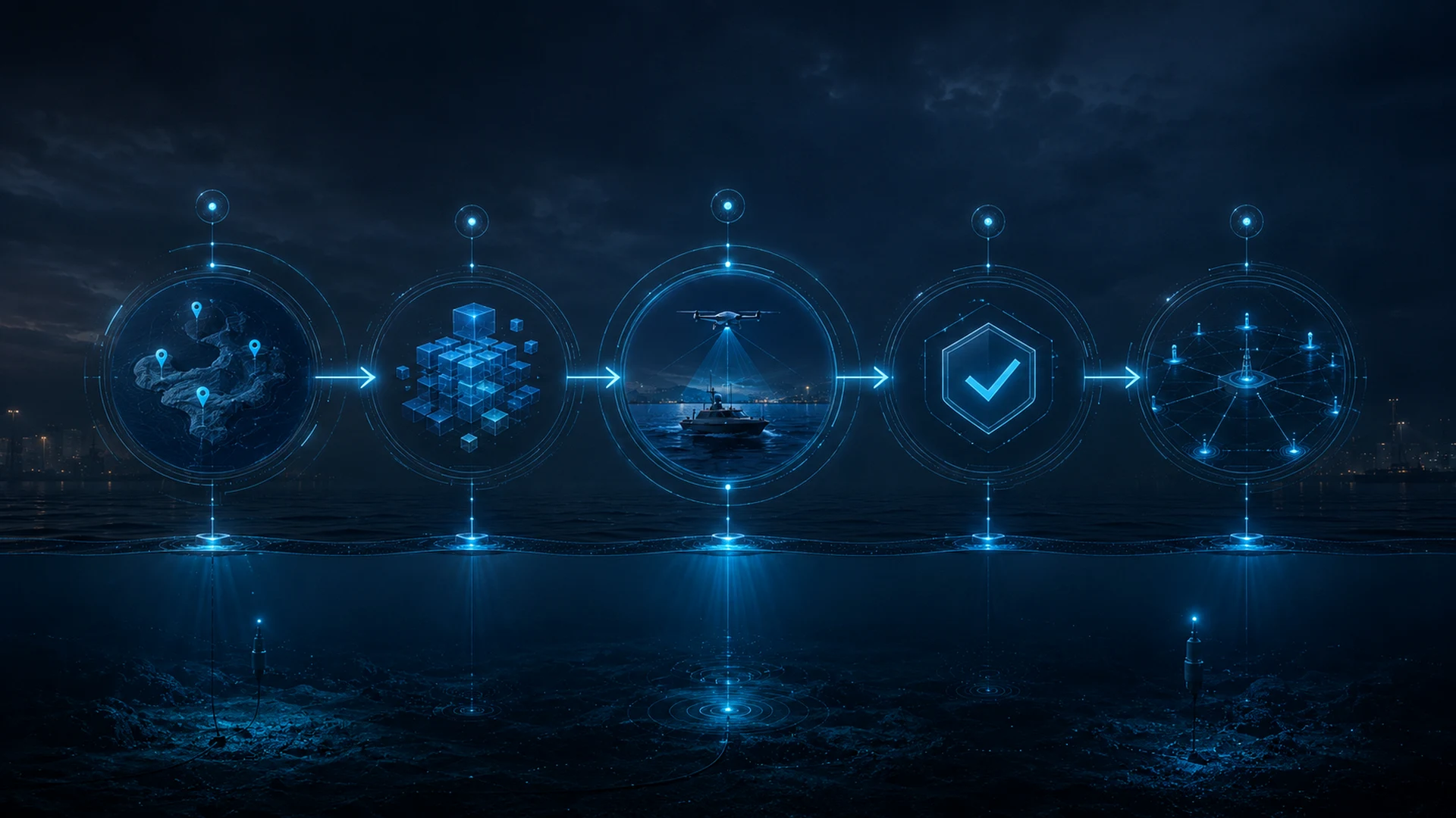 Layered mission architecture showing air, surface, fixed-site and command workflow icons over dark maritime waters.