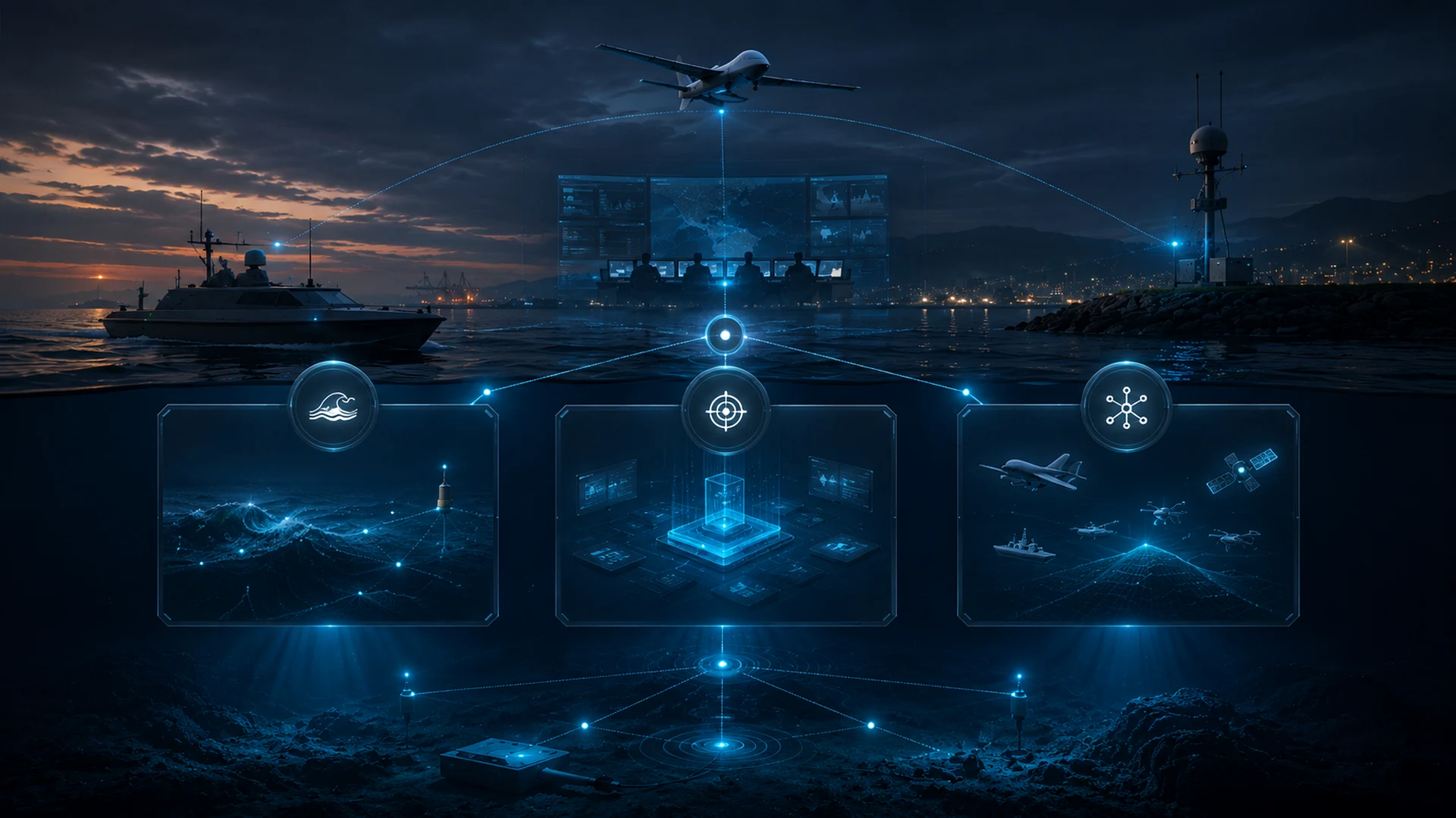 Fleet route coverage with escort vessel context, protected vessel group and port approach sensor overlays.