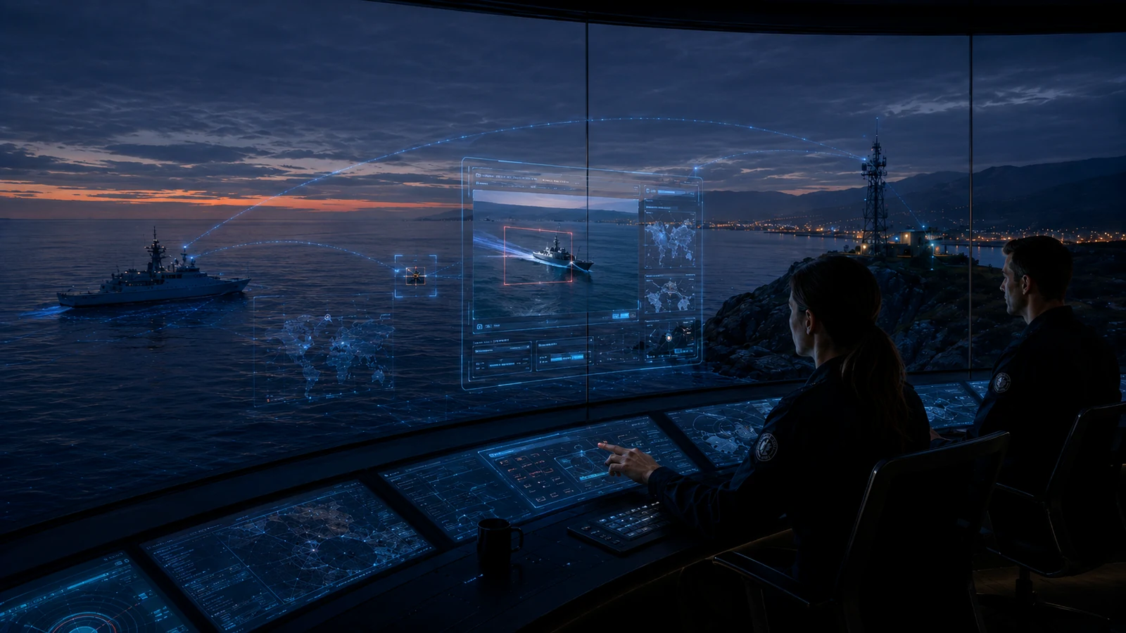 Two operators in a dark command centre reviewing aerial activity with coastal surveillance overlays and controlled workflow panels.