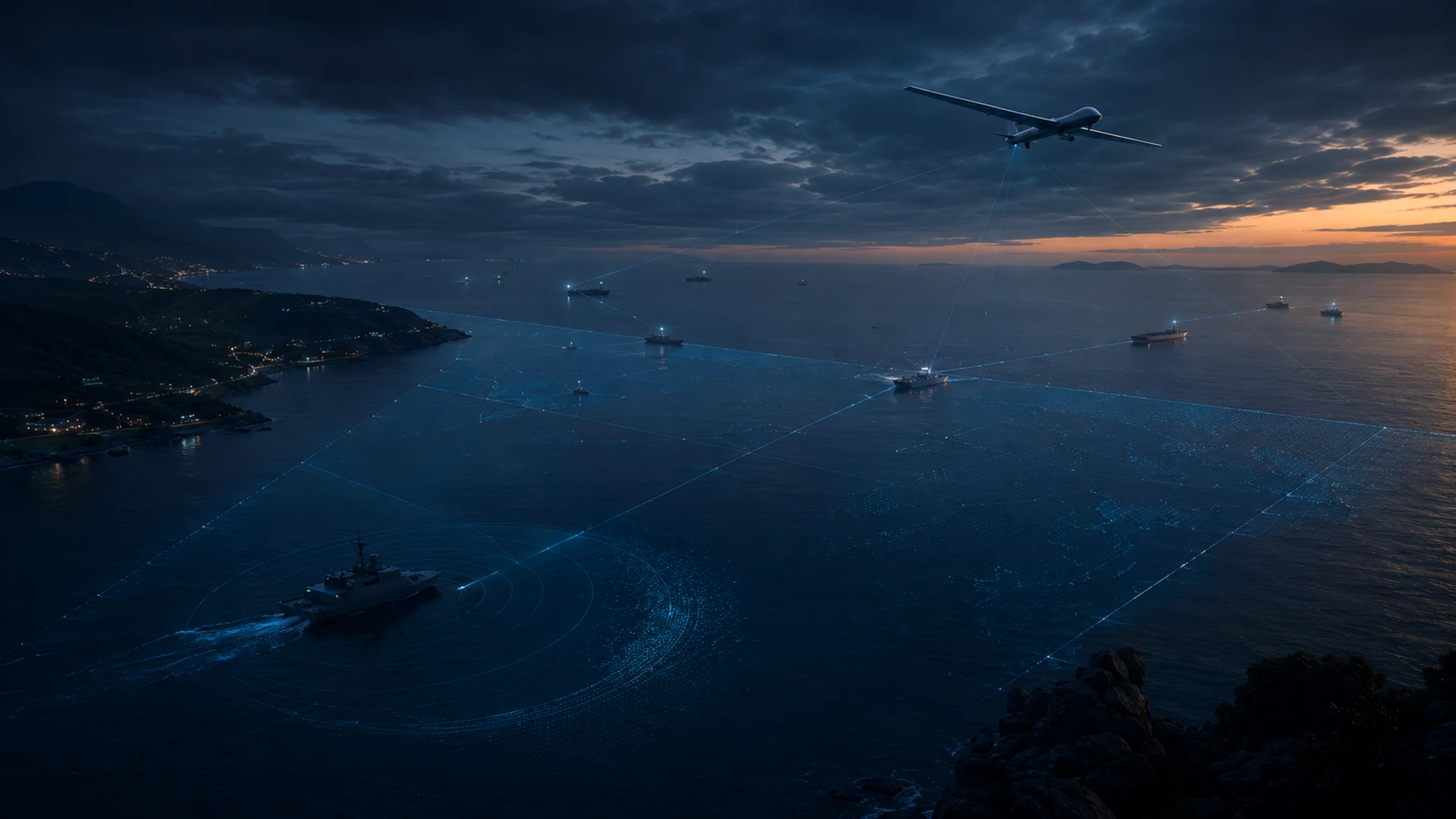 Wide cinematic autonomous air ISR support scene over a maritime operating area.