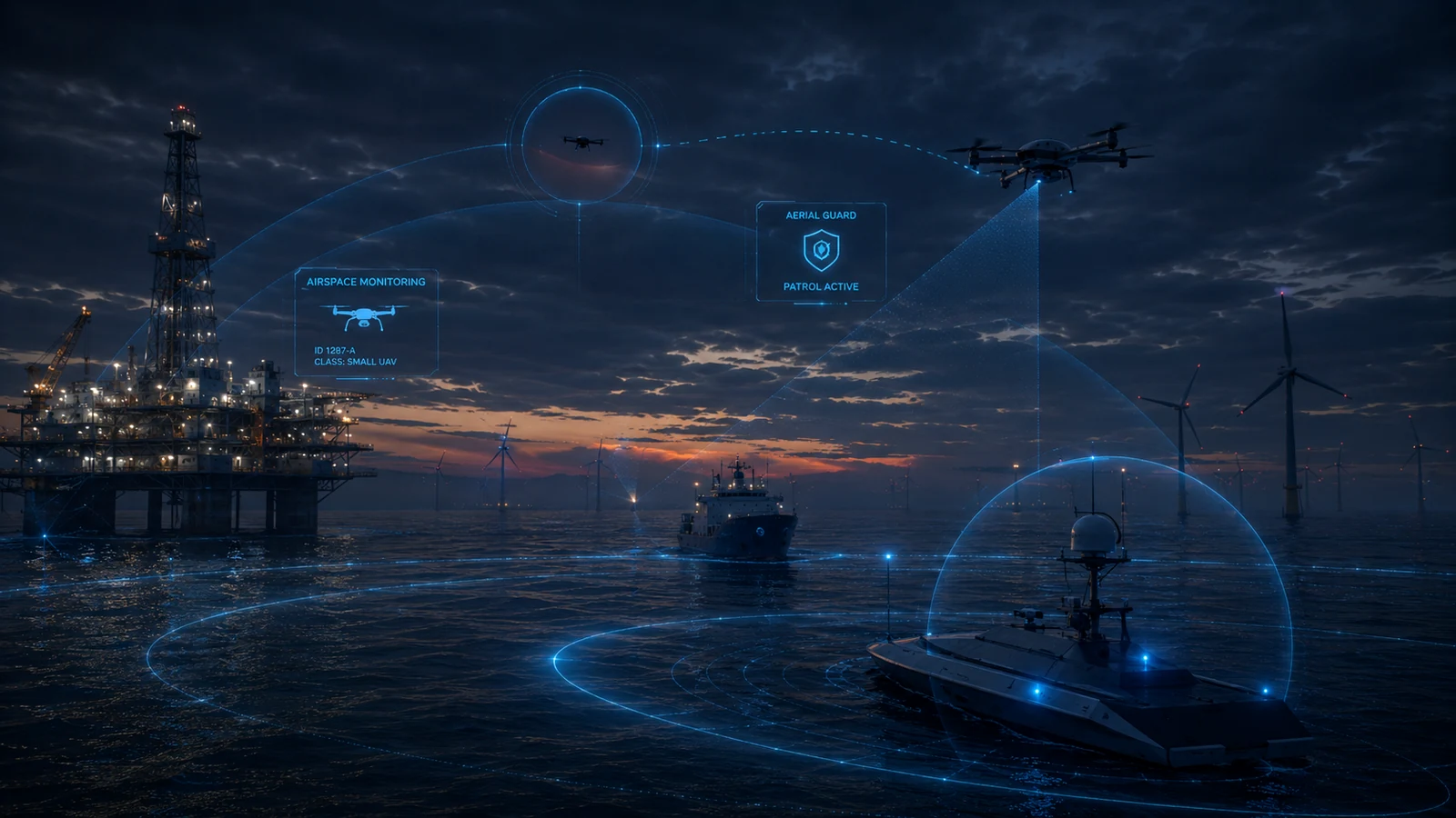 Offshore energy platform and support vessels under blue airspace monitoring arcs with drones tracked at dusk.