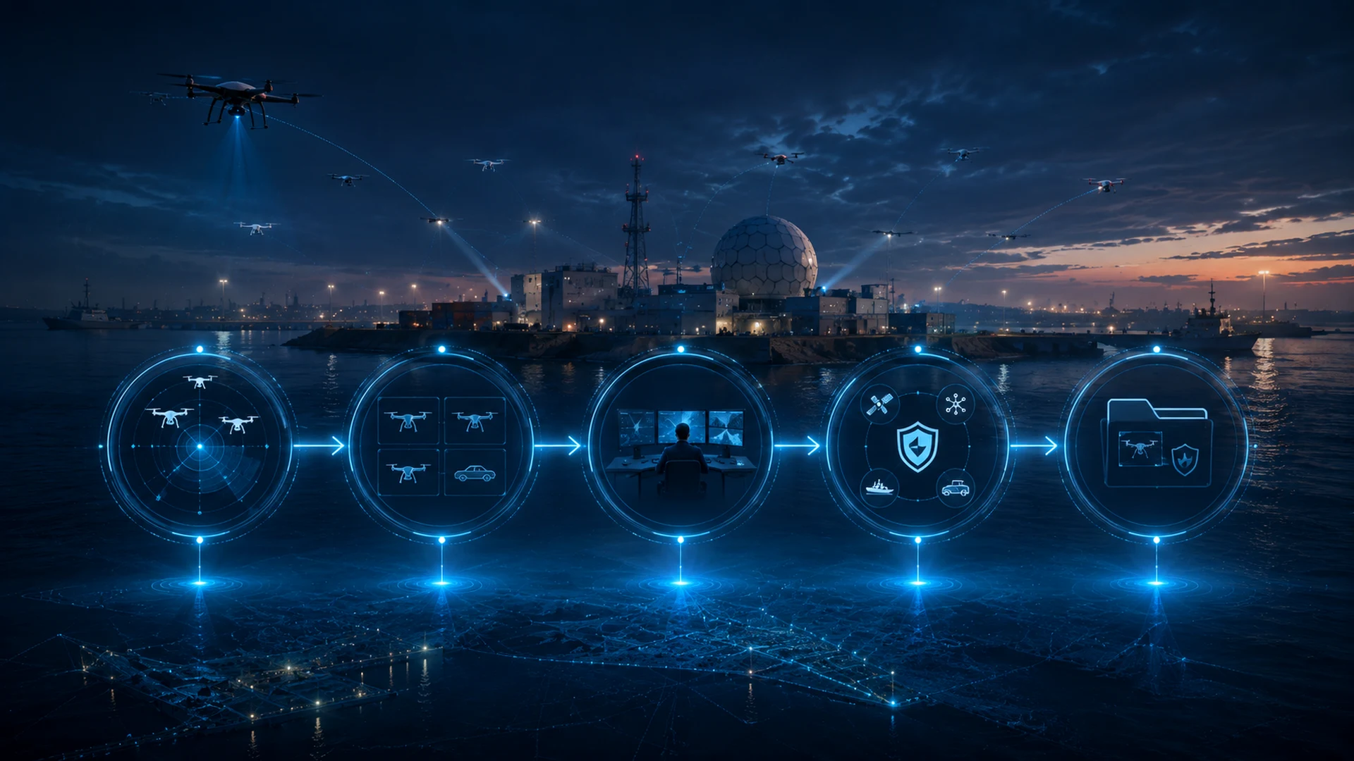 Surface route awareness with escort vessels and maritime protection icons over a dark harbour scene.