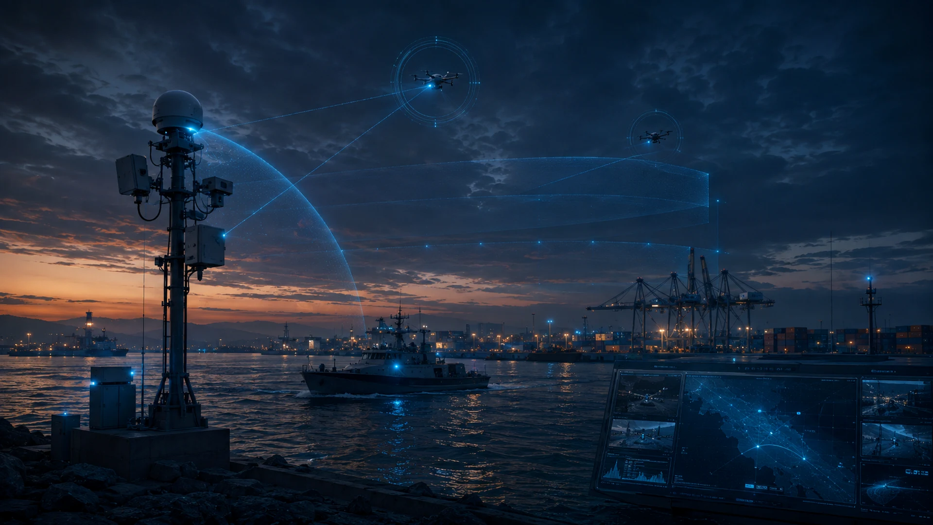 Fixed-site maritime sensor node observing port approach, shoreline assets and a protected operating area.