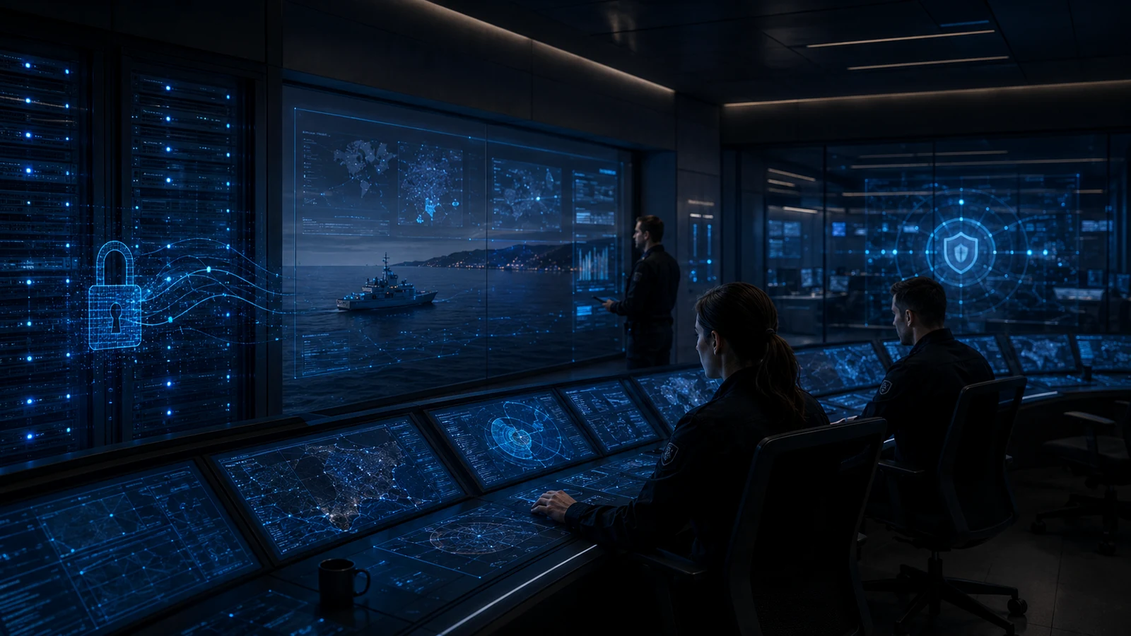 Secure maritime command centre with data racks, blue lock iconography and mission displays for protected event records.
