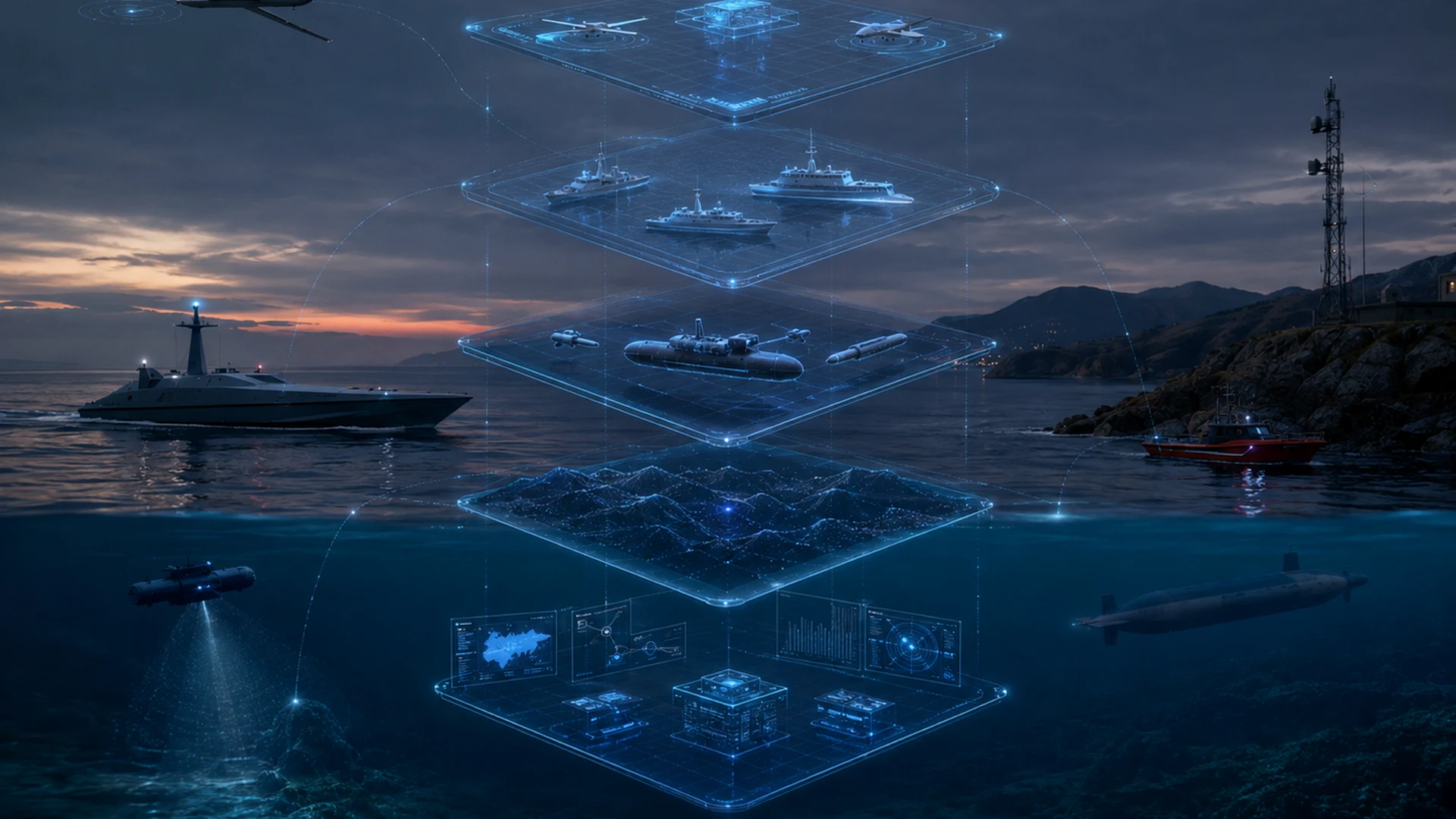 Reviewable software command layers linking air, surface, subsea and operator workflows over maritime operations.