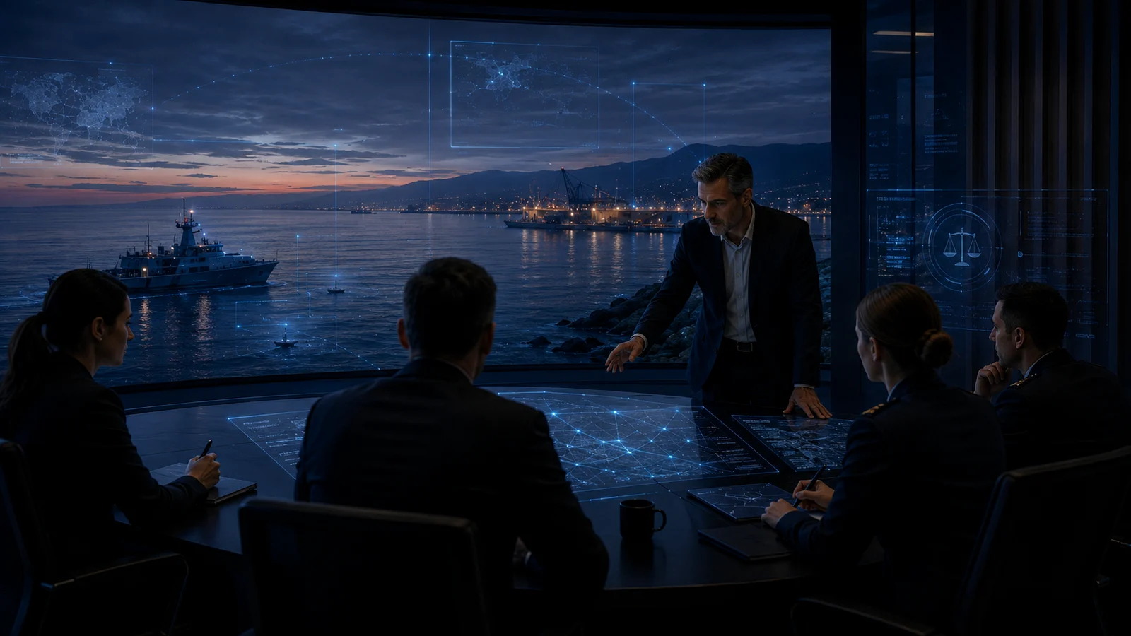 Defence-grade briefing room overlooking harbour waters with senior reviewers examining counter-UAS governance overlays.