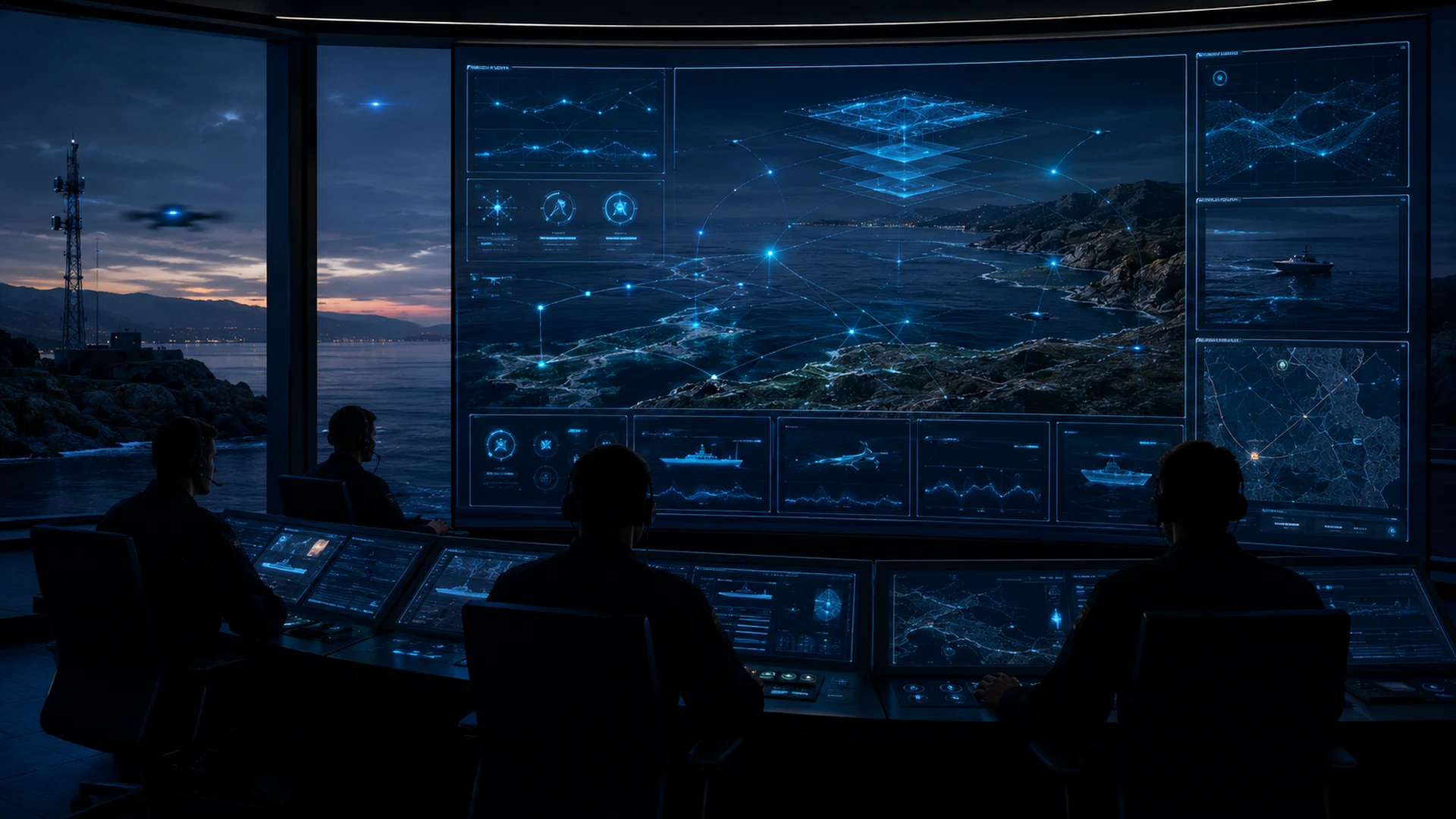 Maritime command centre showing evidence outputs, event timeline and mission summary report interfaces.