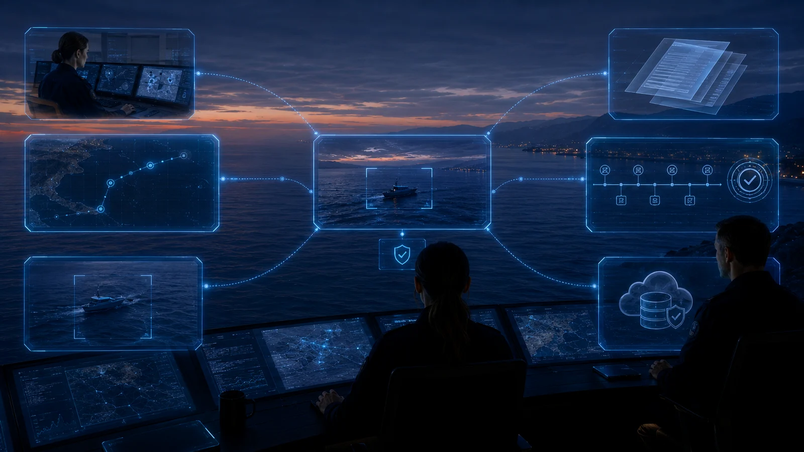 Command room view with connected event cards, route panels and evidence-style overlays for maritime incident review.