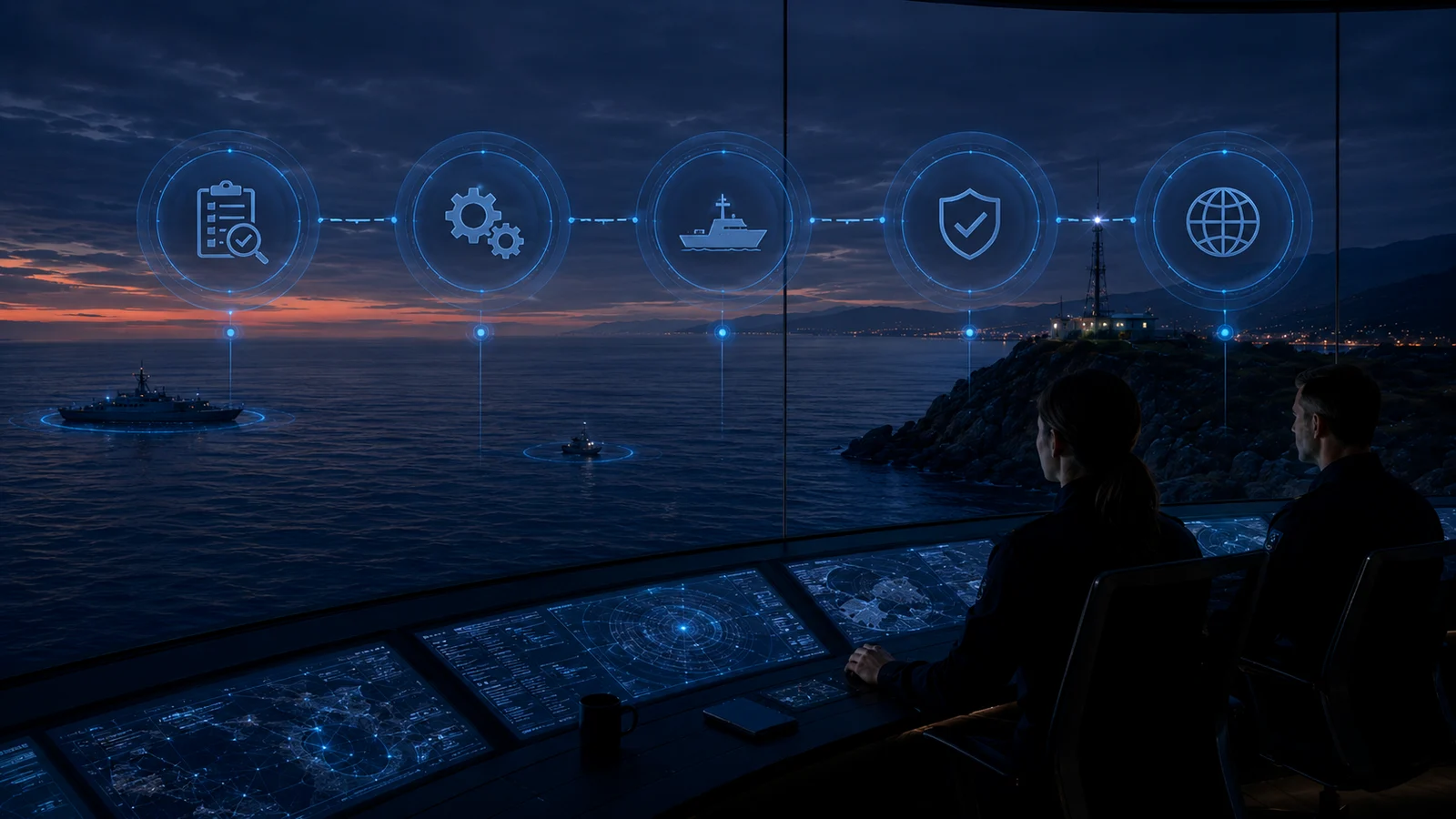 Dark coastal command centre with five blue capability icons over maritime waters representing assessment, configuration, review and support.