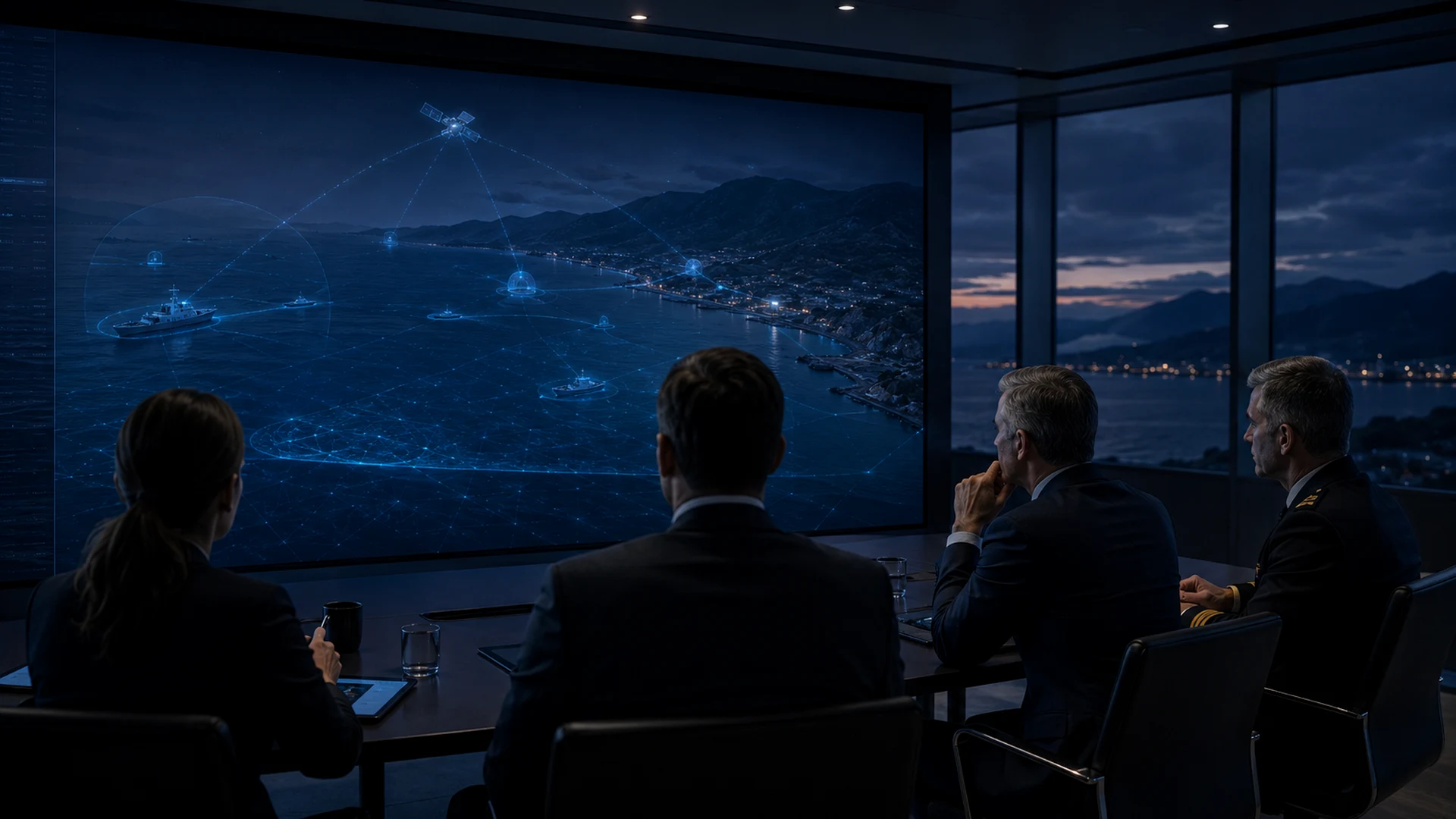 Private mission briefing room overlooking maritime routes with senior stakeholders reviewing fleet context.