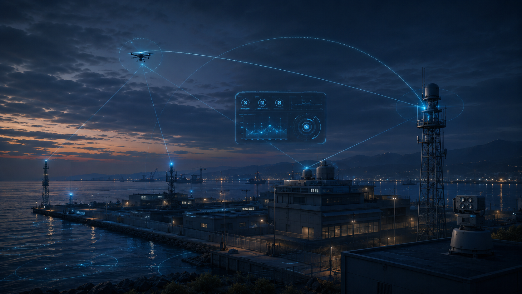 Coastal command network scene with sensor towers, drone tracking lines and low-altitude command dashboard.