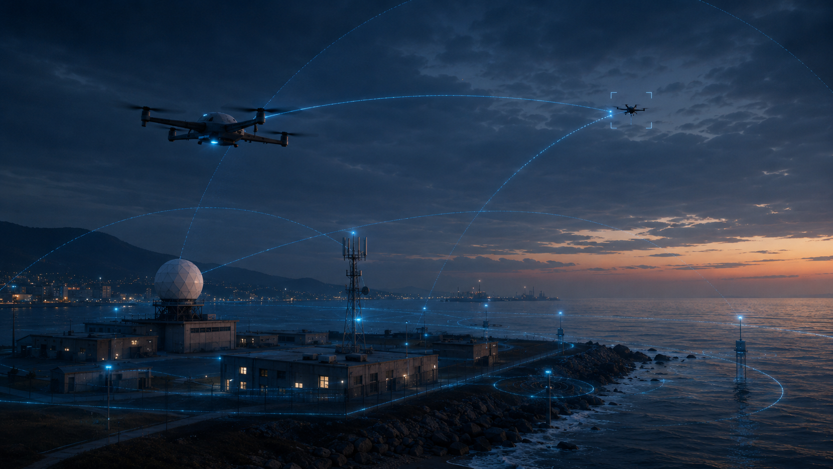 Fixed-site anti-drone airspace dome over coastal infrastructure with multiple sensor nodes and UAV tracks.