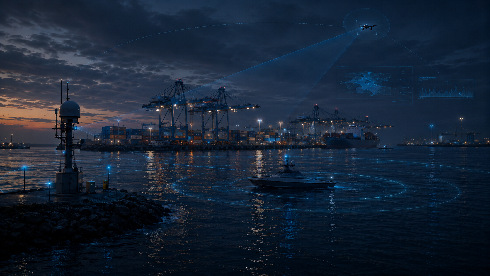 Harbour anti-drone tracking scene with radar mast, patrol vessel, drone target and analytics overlays.