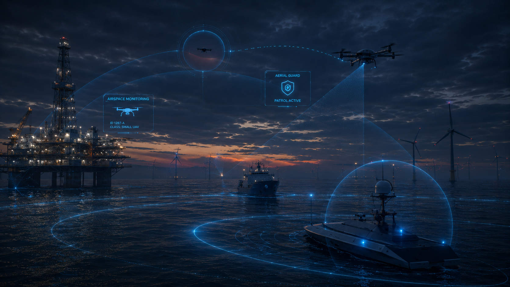 Offshore energy anti-drone guard scene with platform, support vessel, UAV watch and perimeter coverage.