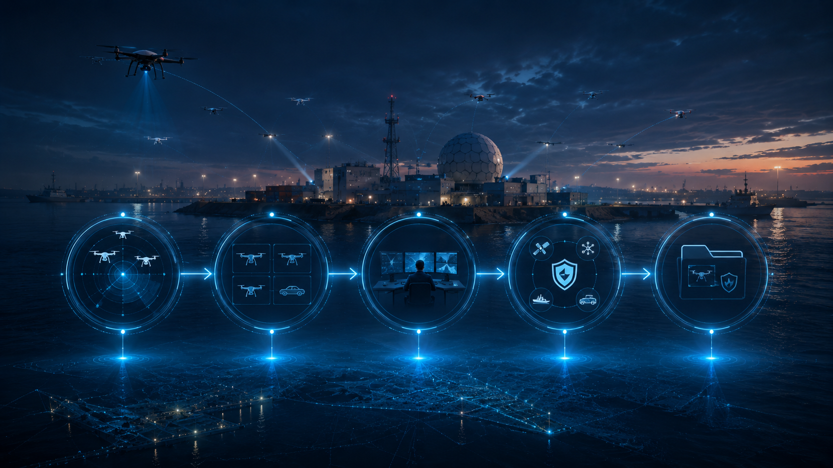 Anti-drone response workflow graphic showing detection, classification, operator review, protection and evidence stages.