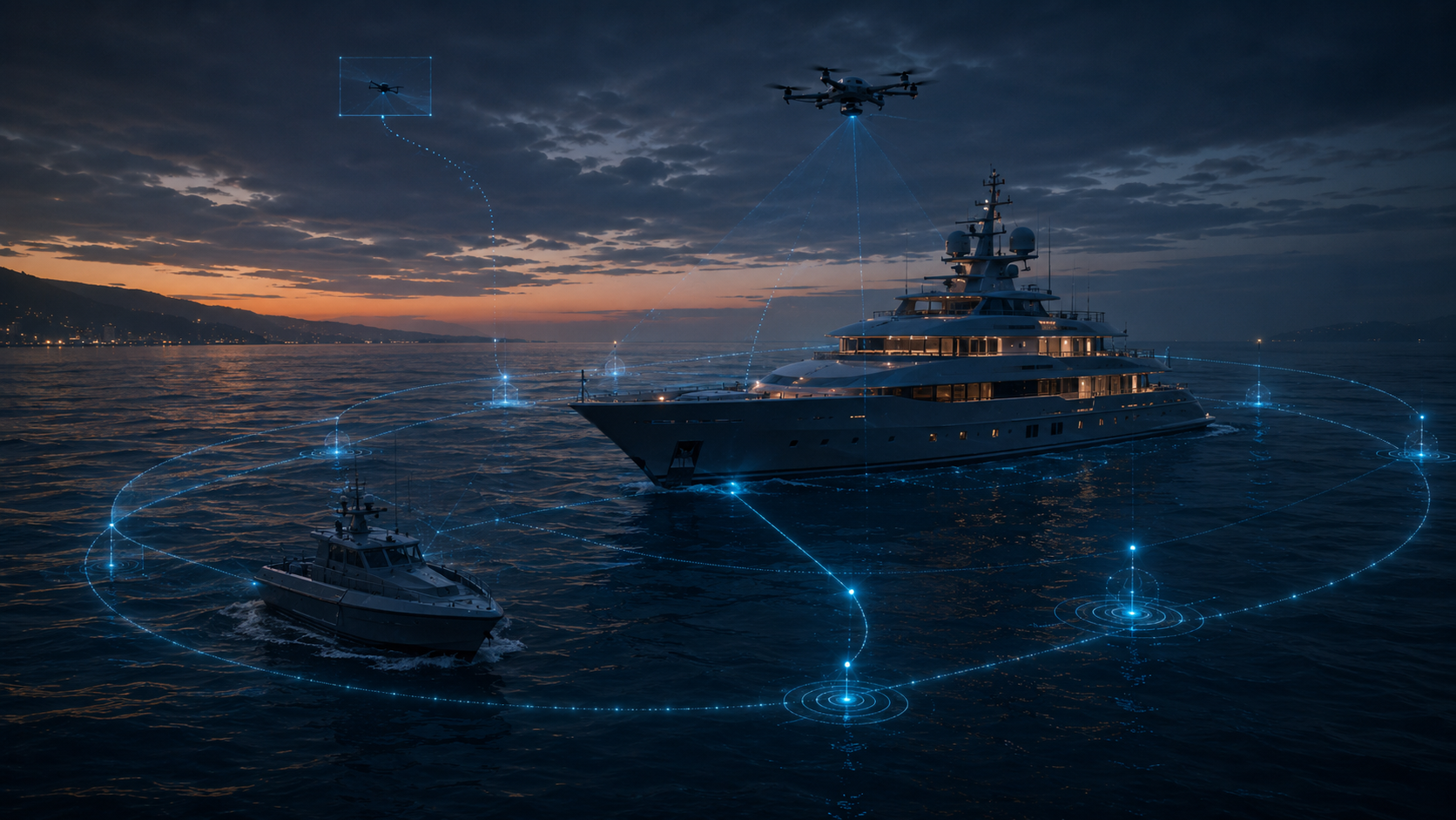 Protected vessel anti-drone perimeter scene with large yacht, patrol craft, UAV and sensor coverage rings.
