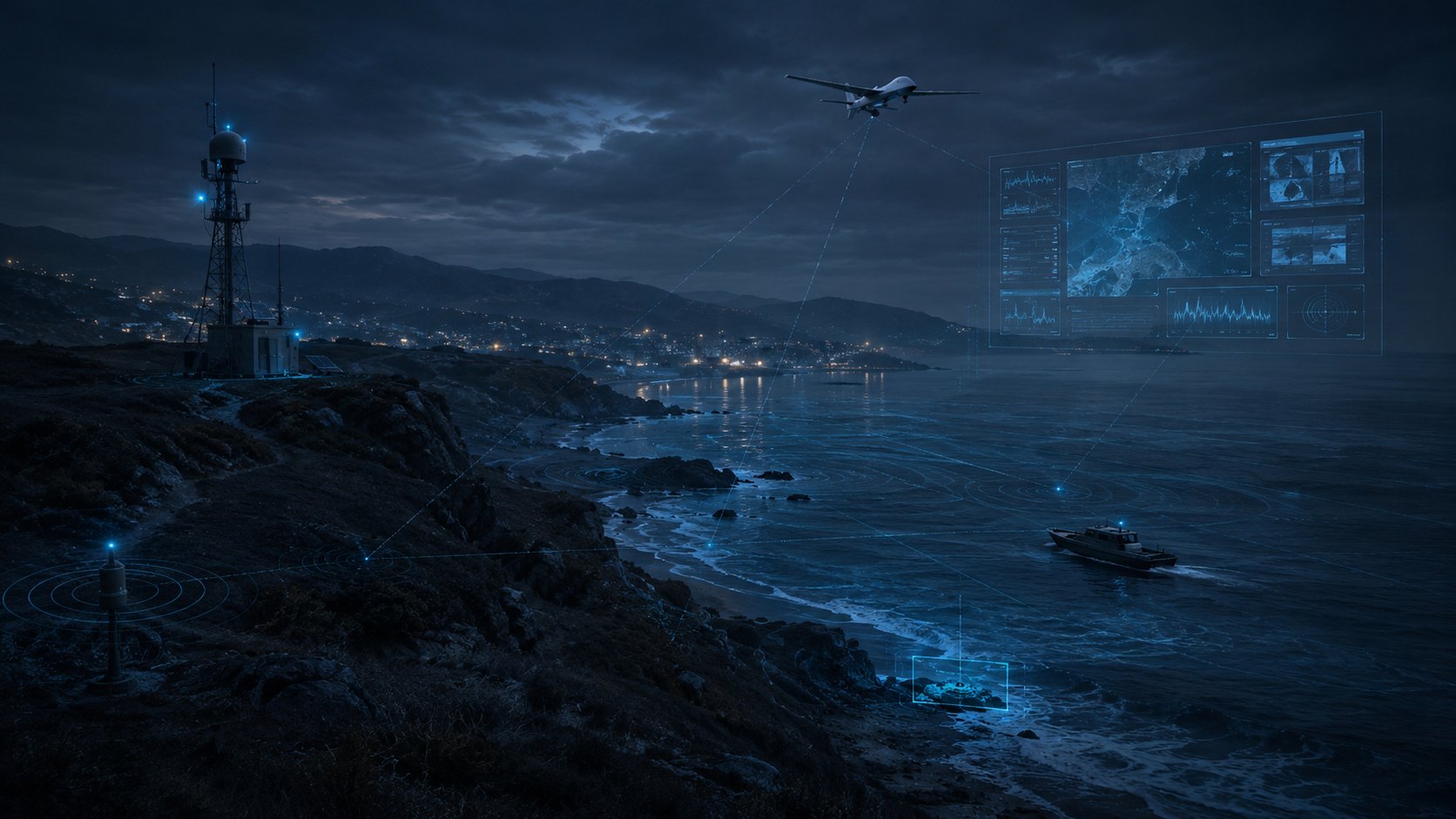 Coastal sensor dashboard with UAV, fixed-site sensing and operator review interface.