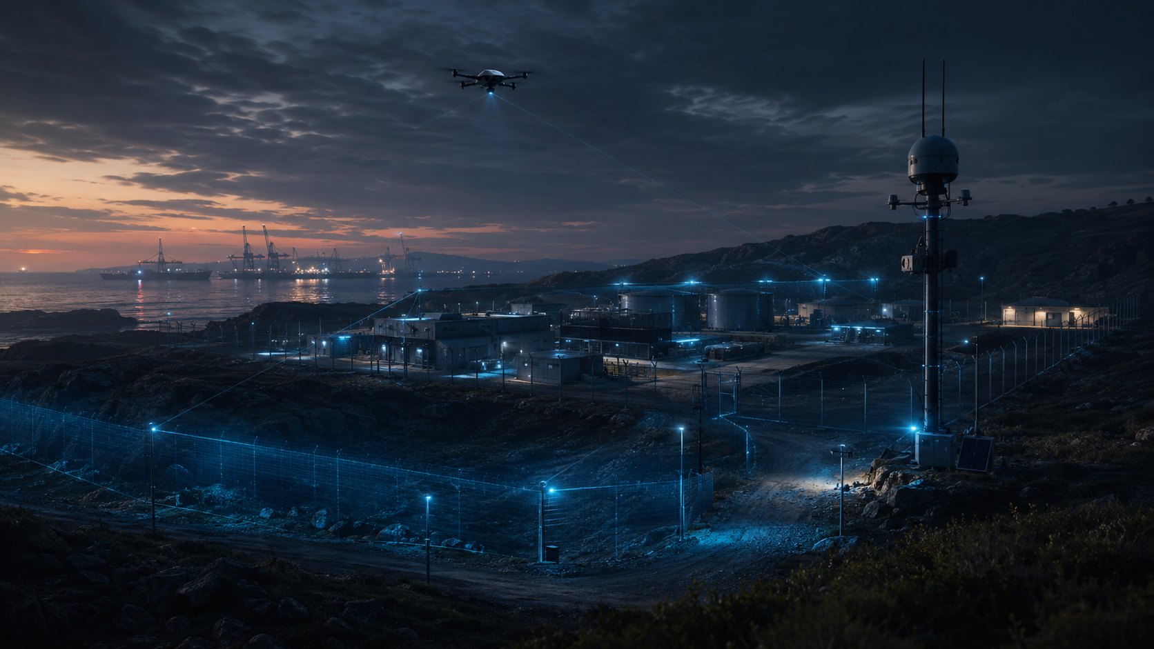 Remote coastal site security scene with fixed sensor mast, perimeter area and UAV watch line.
