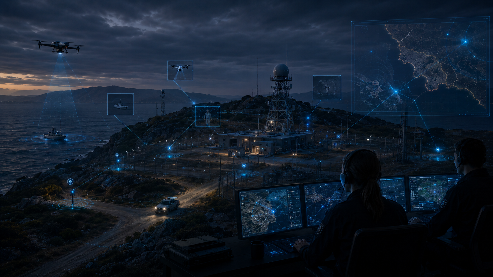 Remote coastal site monitored through a Holo-Fusion operator interface with sensor links, drone feeds and site awareness panels.