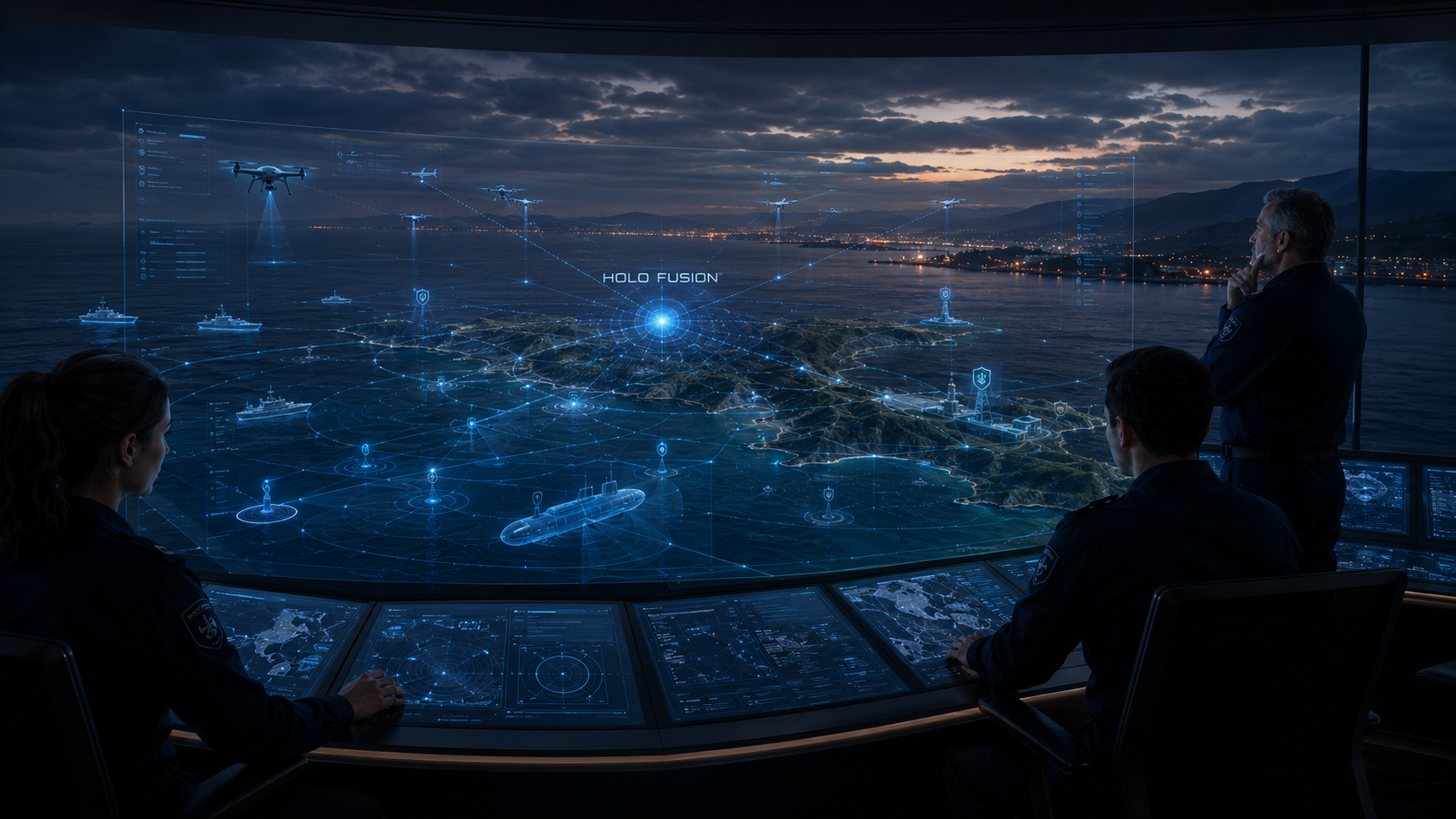 Operators reviewing a Holo-Fusion spatial command view across maritime, coastal and infrastructure sensing layers.