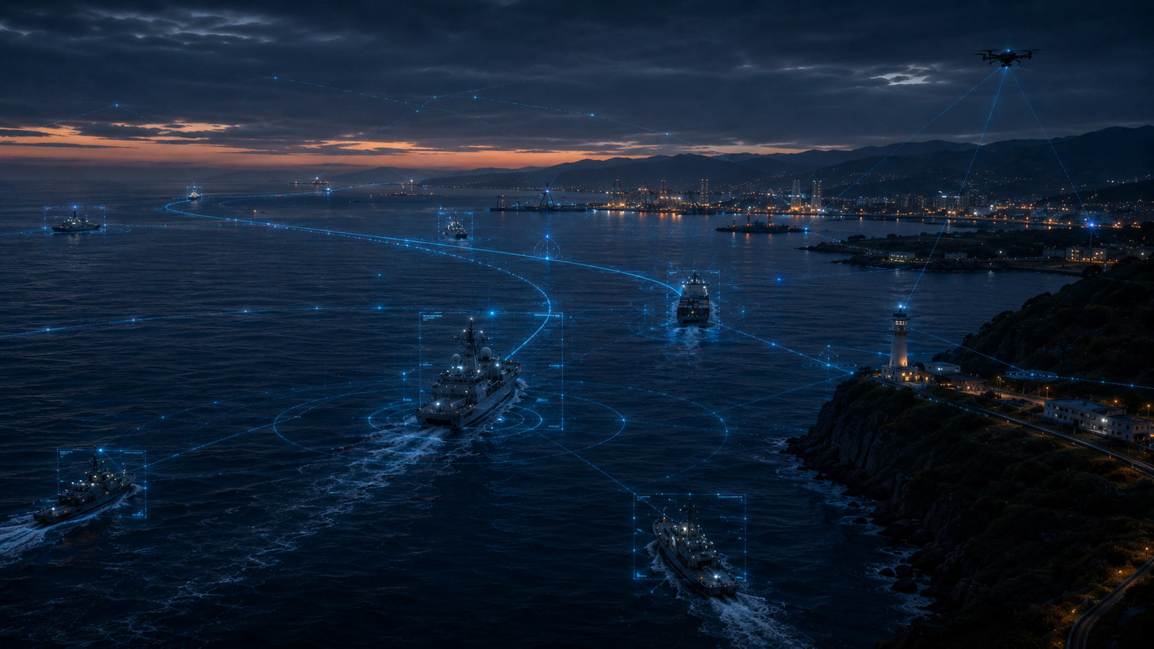 Maritime route awareness visual showing vessels, coastal infrastructure and operator-reviewed Holo-Fusion tracking context.