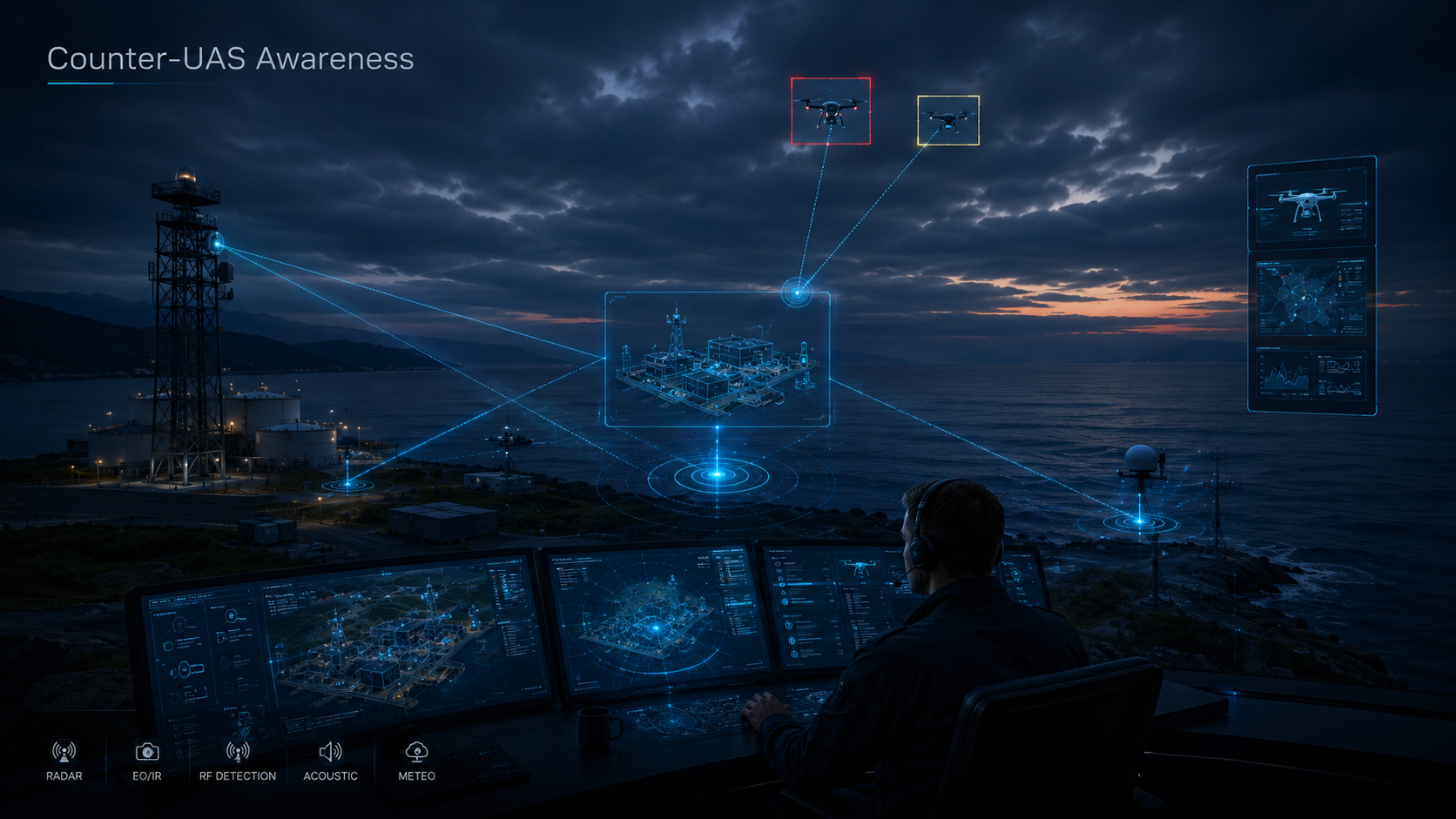 Counter-UAS awareness view showing protected-site sensors, low-altitude activity and operator review screens at public-level detail.