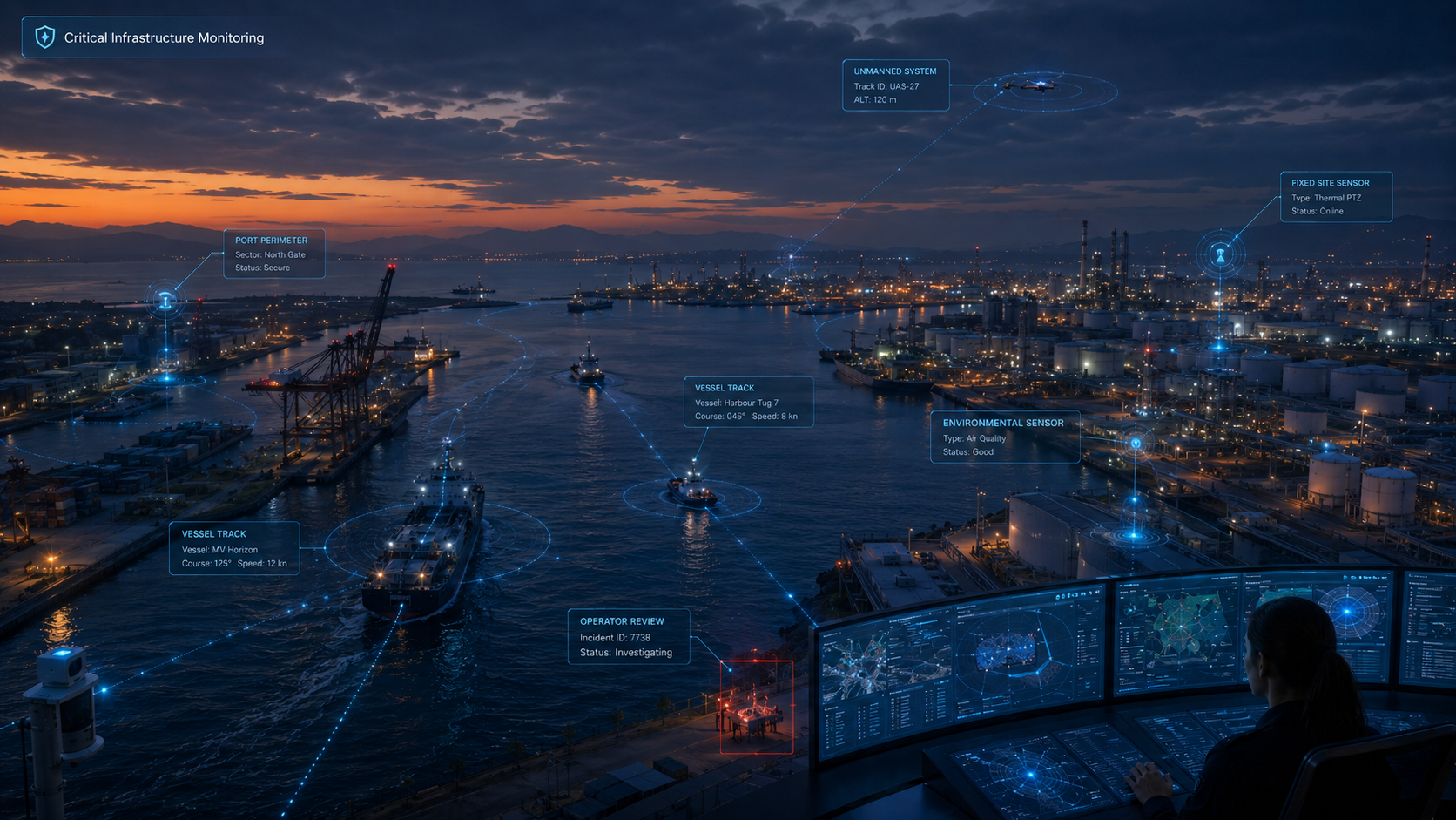 Critical infrastructure monitoring view with port, vessel, sensor and operator review annotations in a Holo-Fusion interface.