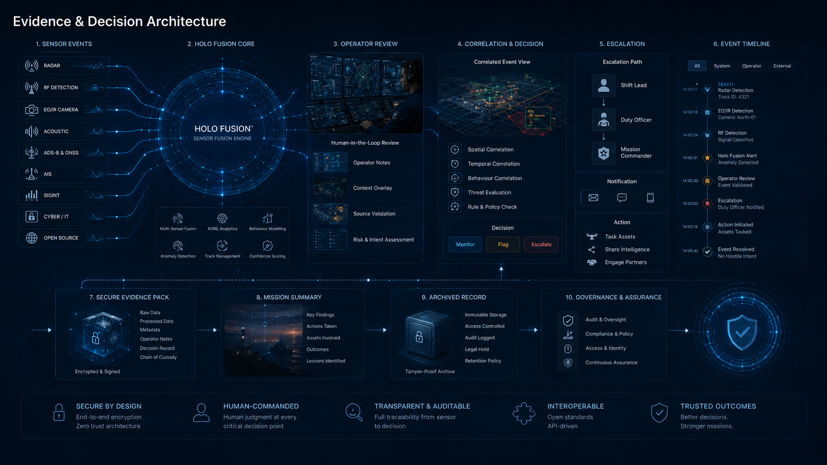 Evidence and decision architecture diagram showing sensor inputs, Holo-Fusion review, correlation, escalation and event timeline.