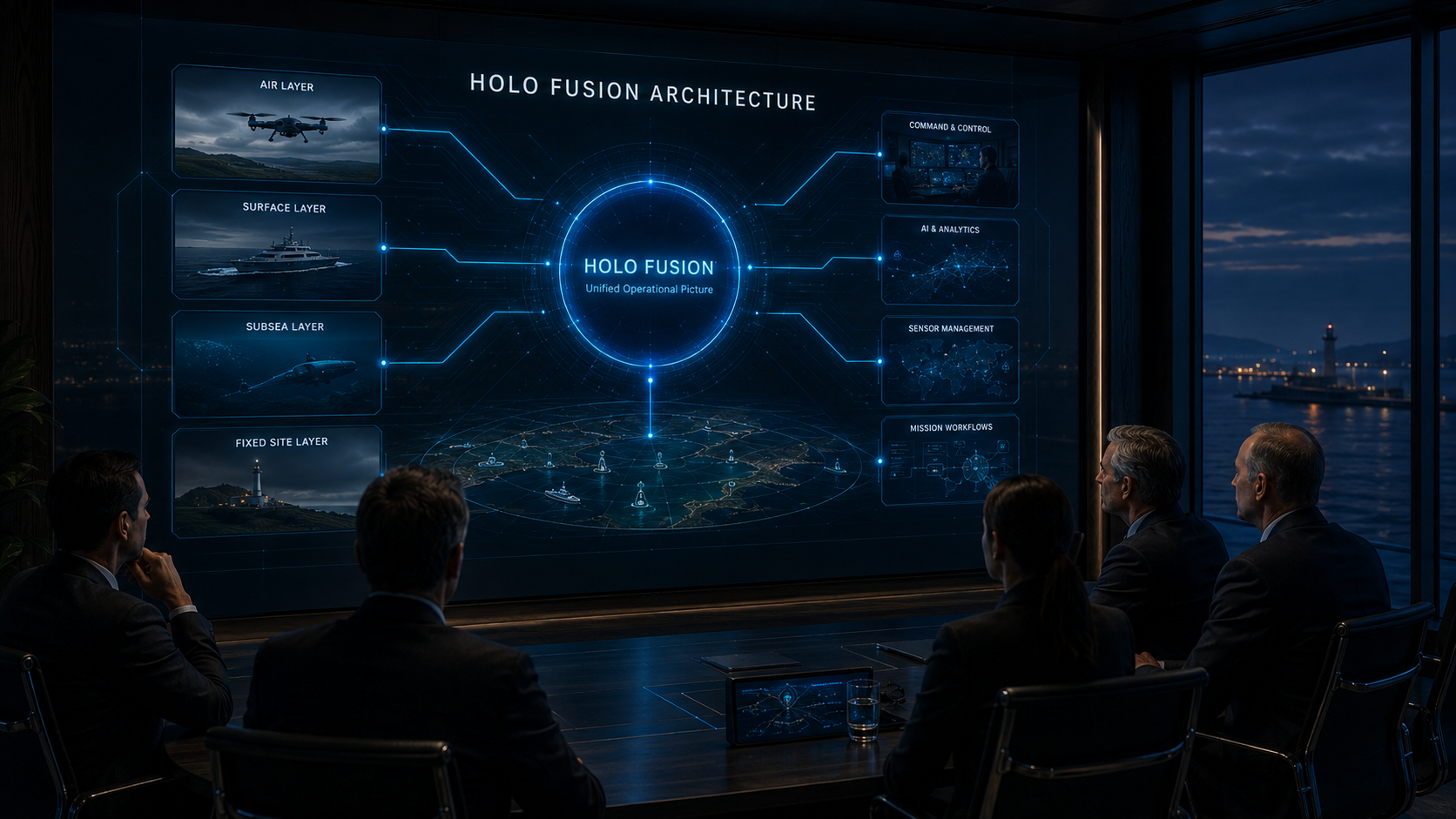 Executive briefing room showing a large Holo-Fusion architecture display for unified operational awareness.