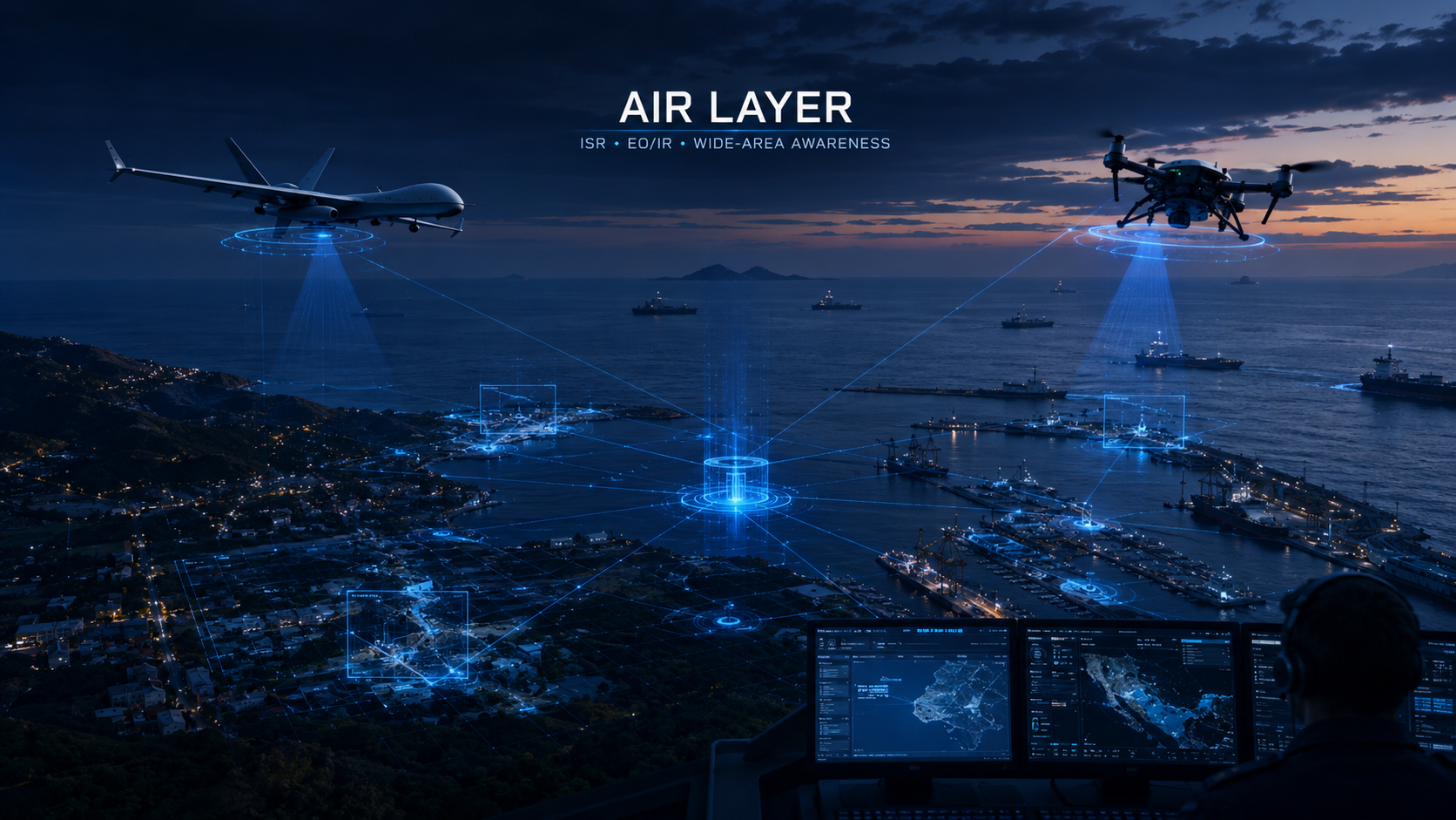 Sky Shadow Holo-Fusion air layer visual showing ISR and EO/IR awareness connected into a maritime operating picture.