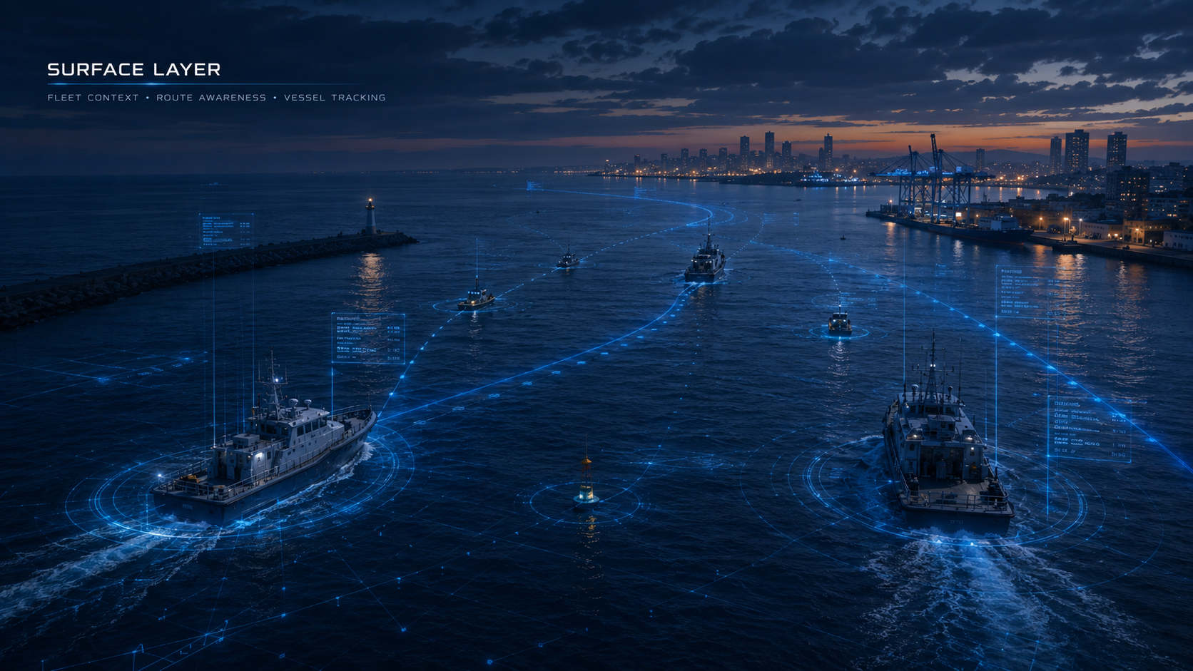 Sky Shadow Holo-Fusion surface layer visual showing fleet context, route awareness and vessel tracking.