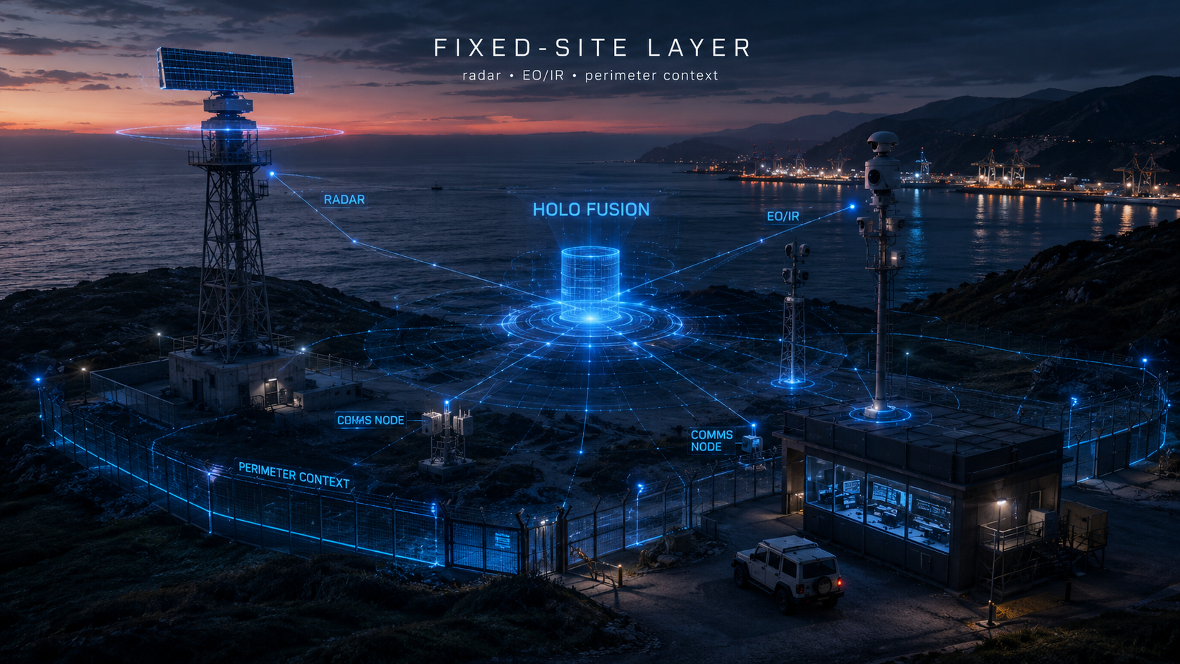 Sky Shadow Holo-Fusion fixed-site layer visual showing radar, EO/IR, communications nodes and perimeter context.