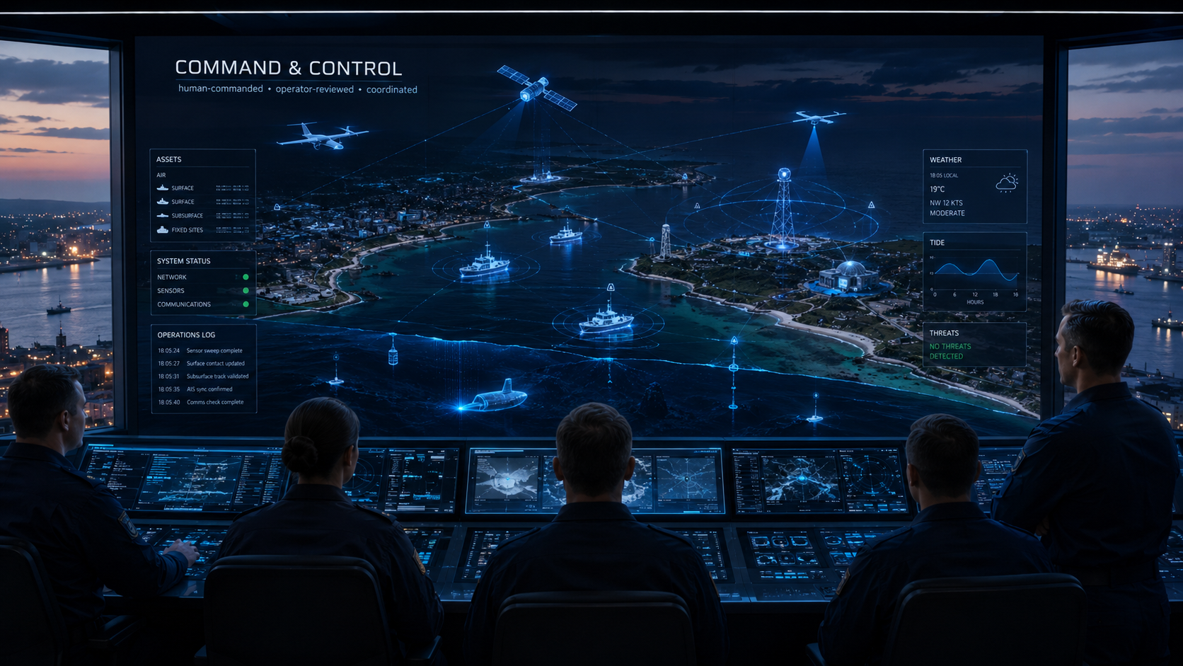 Sky Shadow Holo-Fusion command and control visual showing human-commanded operator-reviewed coordination.