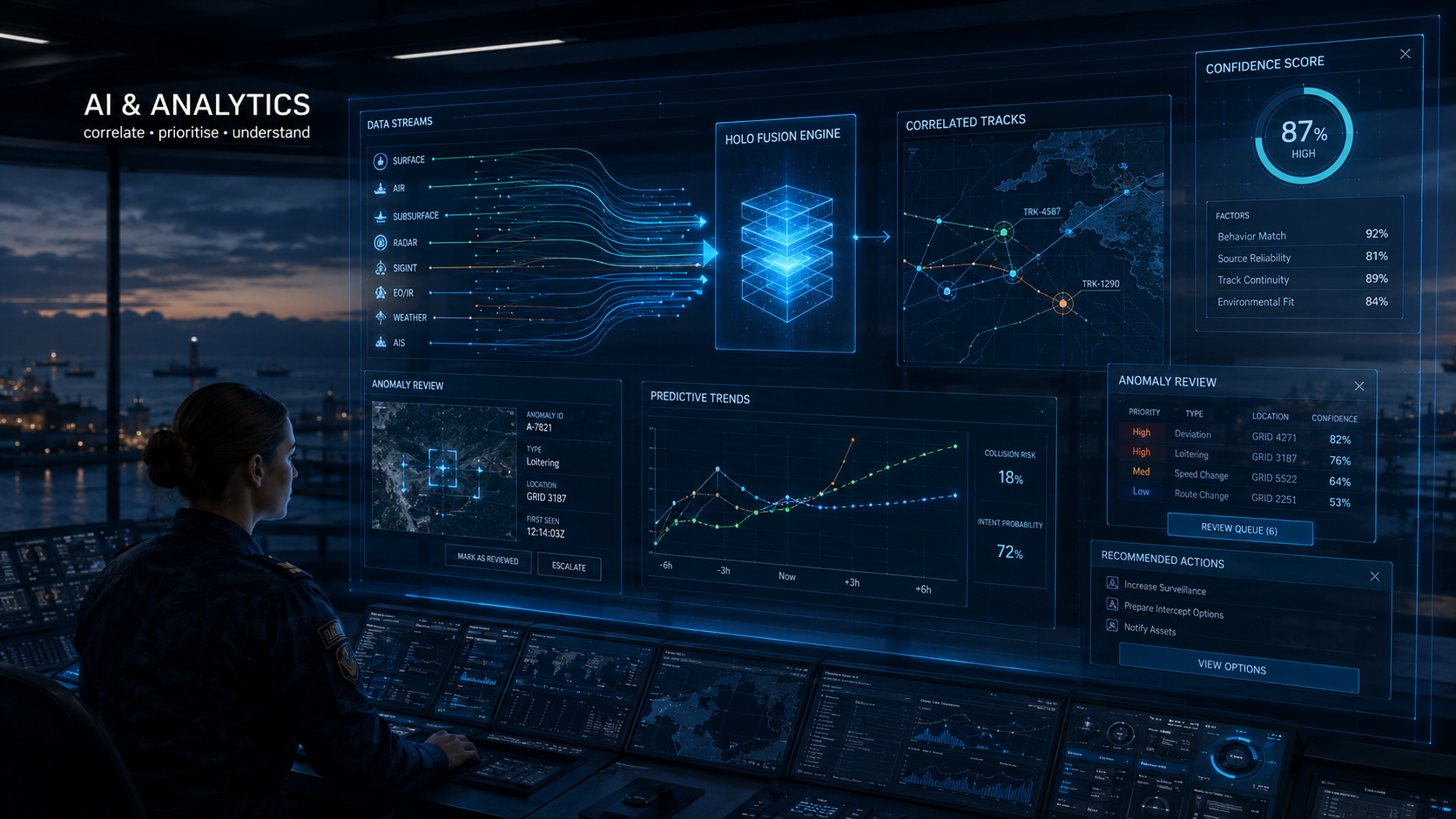 Sky Shadow Holo-Fusion AI and analytics visual showing correlated data streams, review queues and confidence scoring.