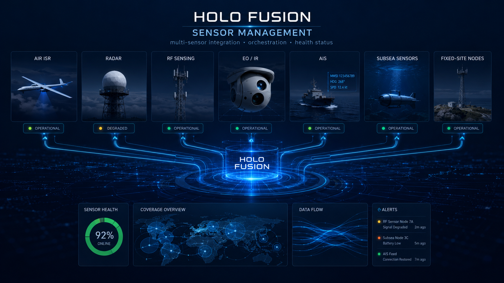 Sky Shadow Holo-Fusion sensor management visual showing air ISR, radar, RF, EO/IR, AIS, subsea sensors and fixed-site nodes.