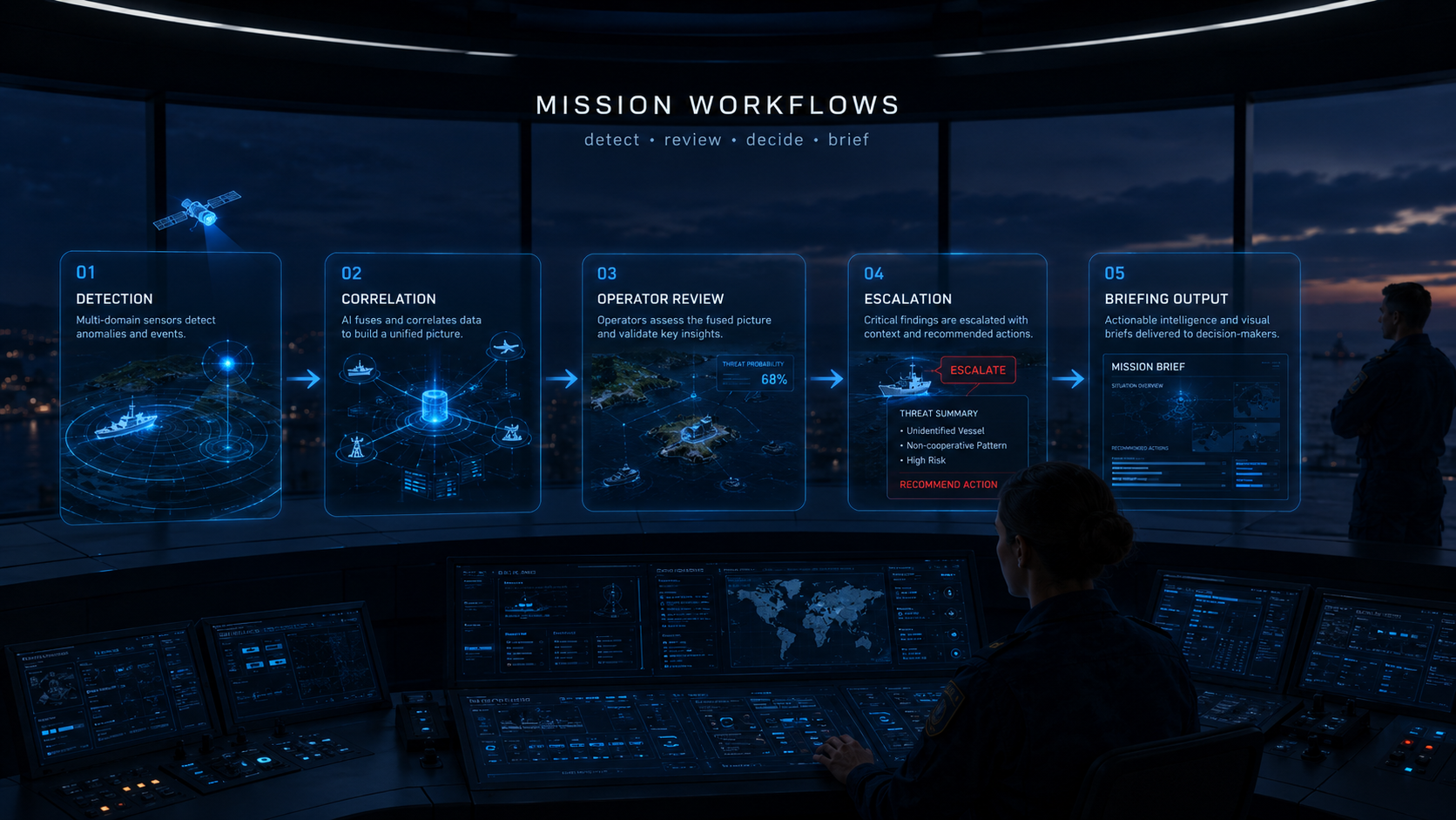 Sky Shadow Holo-Fusion mission workflows visual showing detection, correlation, operator review, escalation and briefing output.