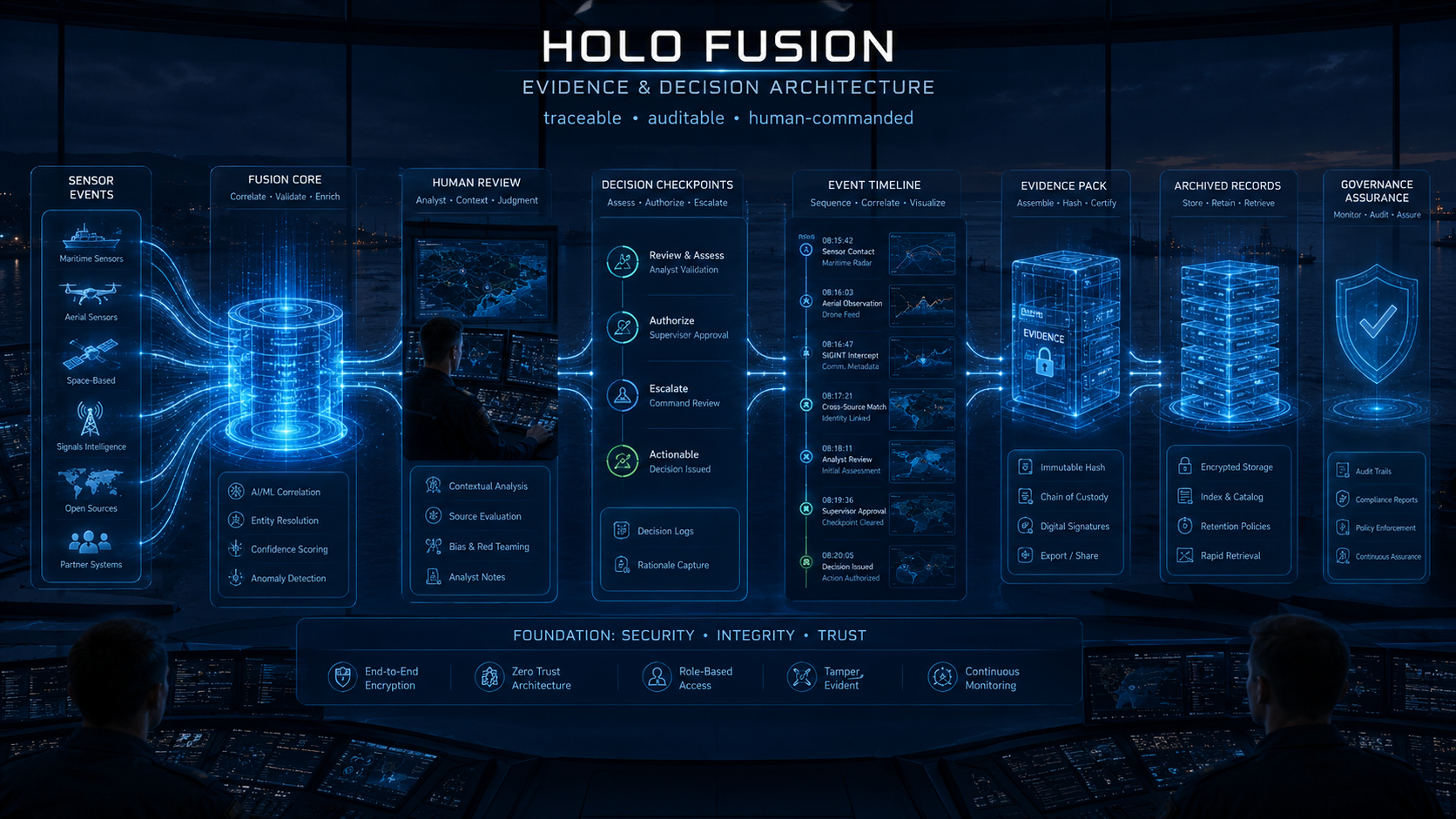 Sky Shadow Holo-Fusion evidence and decision architecture visual showing sensor events, human review, event timeline and governance assurance.