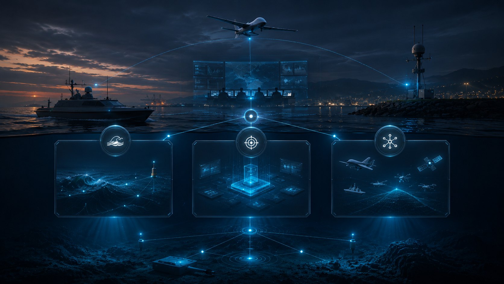 Integrated surface, subsea and air mission system overview with command centre and connected sensing panels.