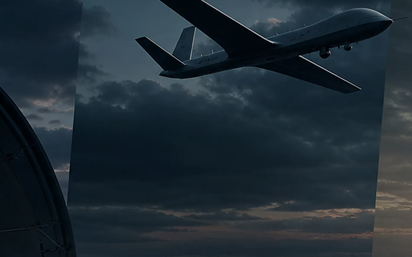 Public concept visual for a discreet autonomous air platform in a dark mission environment.